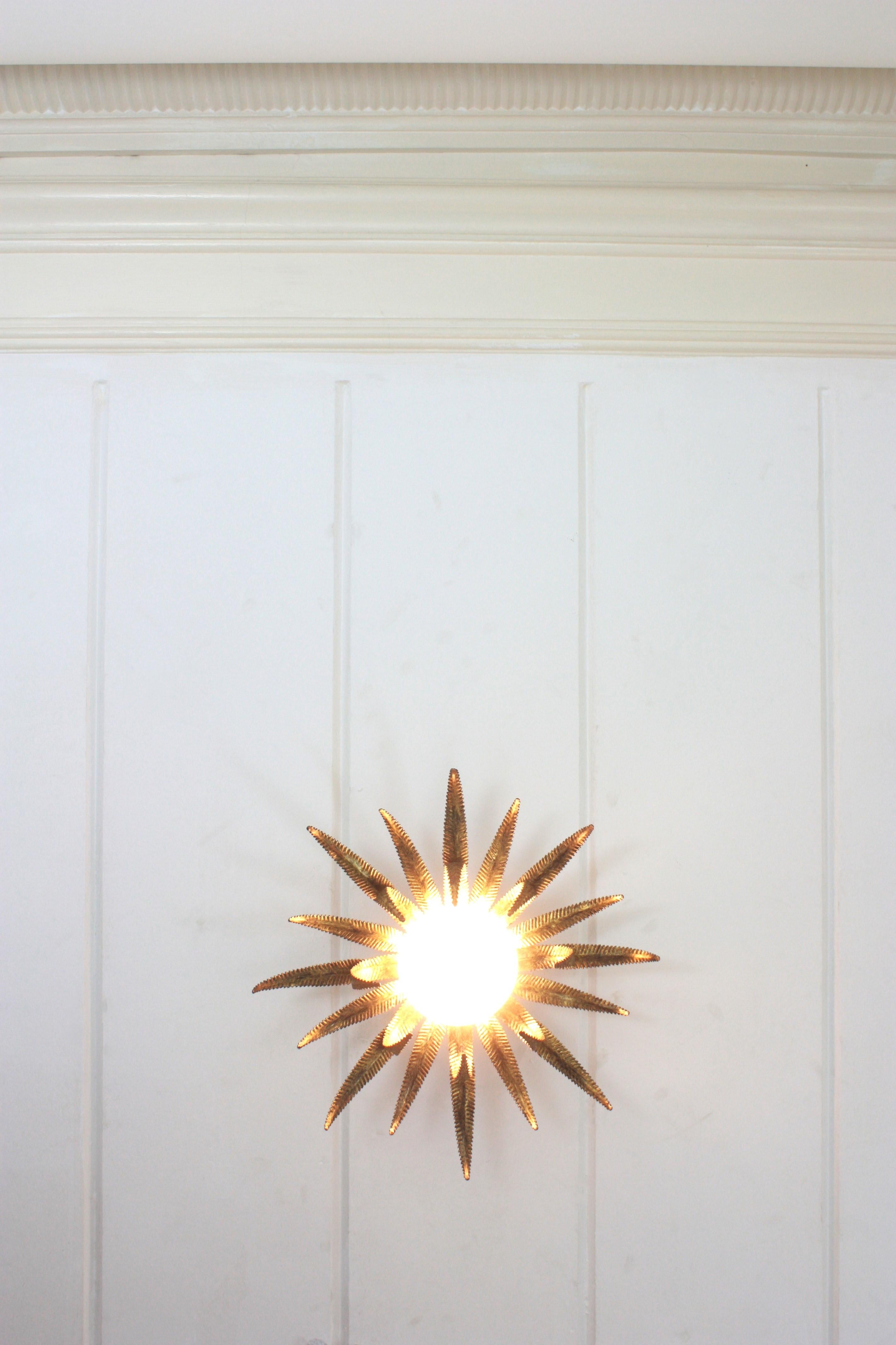 Large French Sunburst Starburst Light Fixture, Gilt Metal and Milk Glass For Sale 8