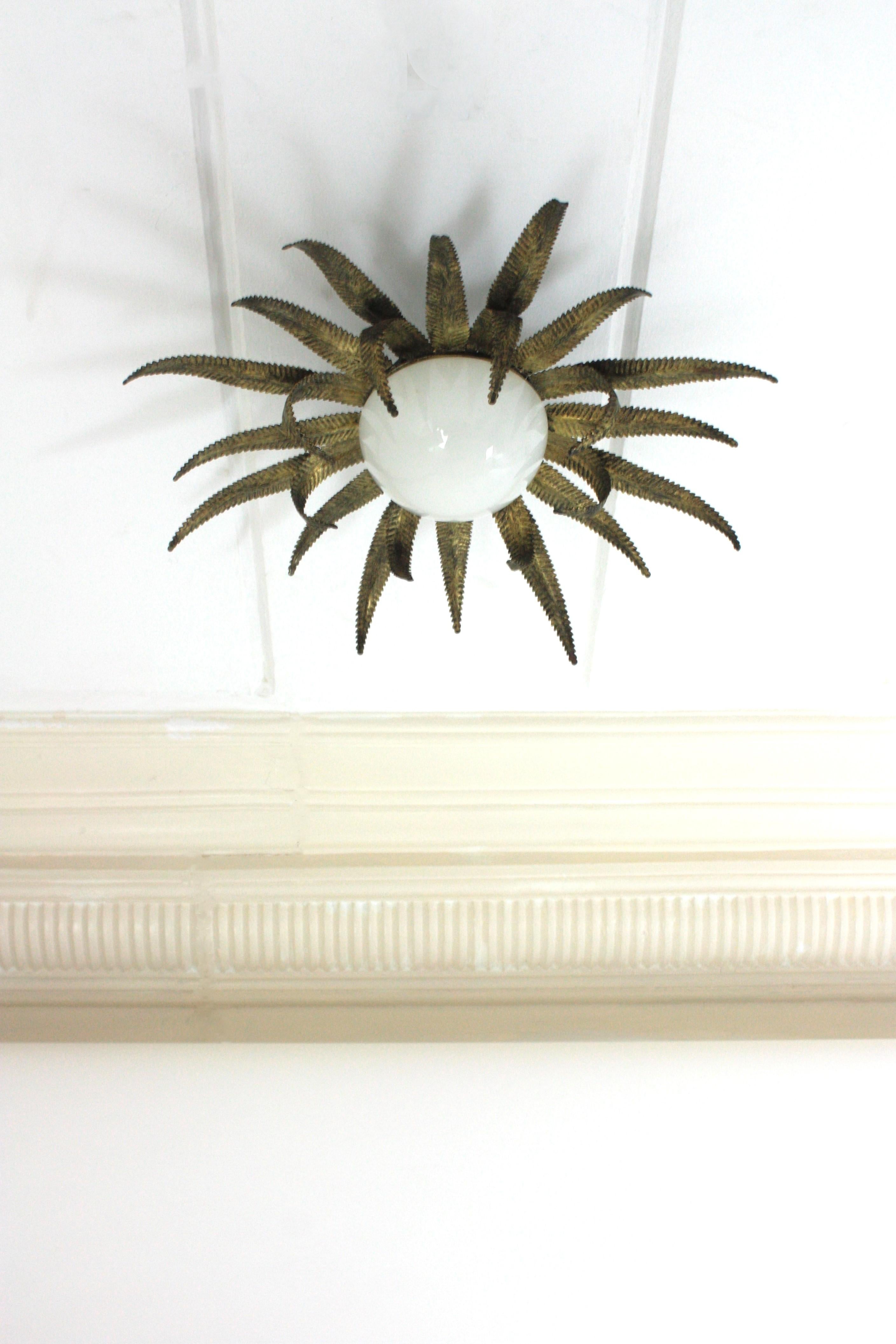 Large French Sunburst Starburst Light Fixture, Gilt Metal and Milk Glass For Sale 9