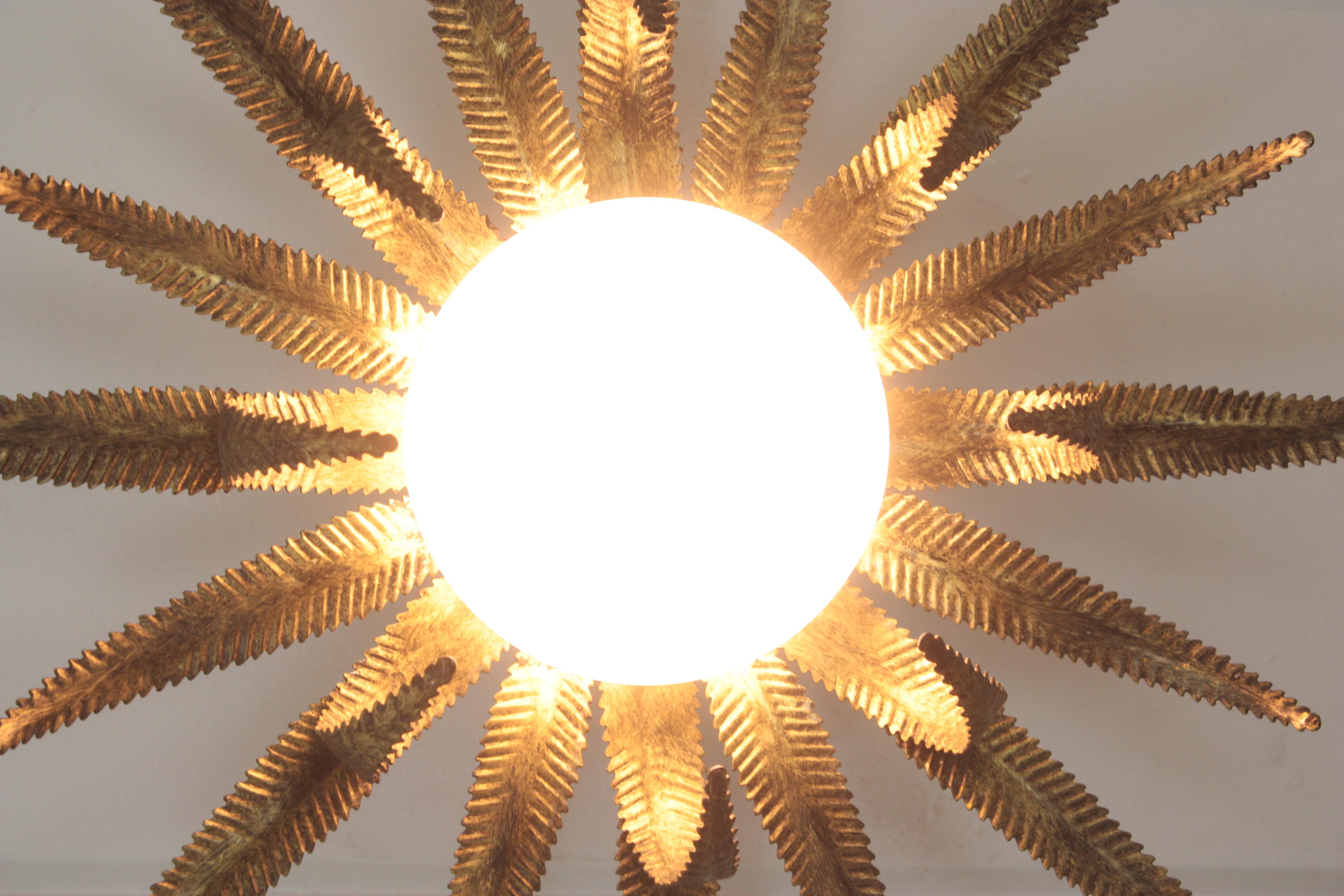Large French Sunburst Starburst Light Fixture, Gilt Metal and Milk Glass For Sale 10