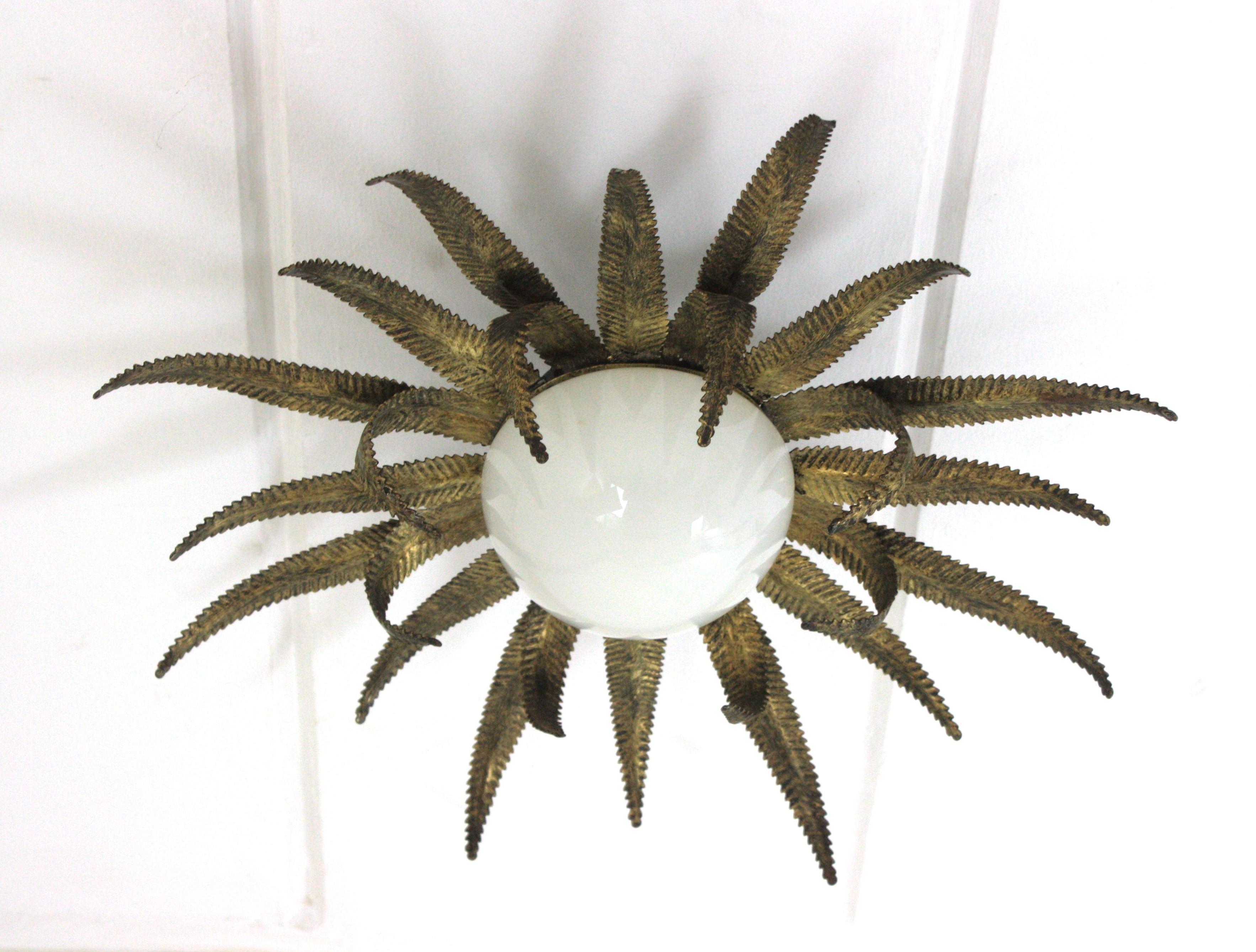 Large French Sunburst Starburst Light Fixture, Gilt Metal and Milk Glass For Sale 11