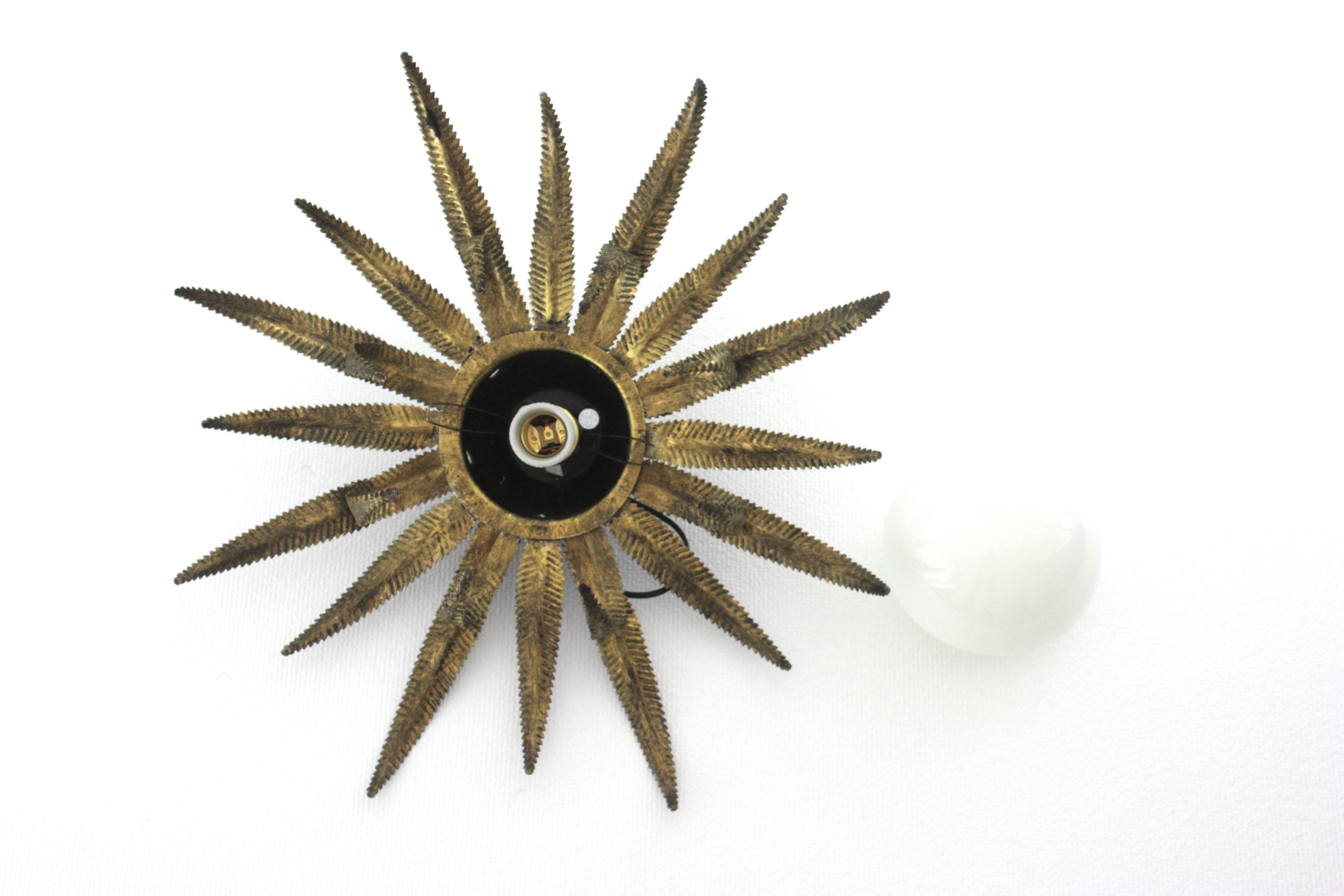 Large French Sunburst Starburst Light Fixture, Gilt Metal and Milk Glass For Sale 13
