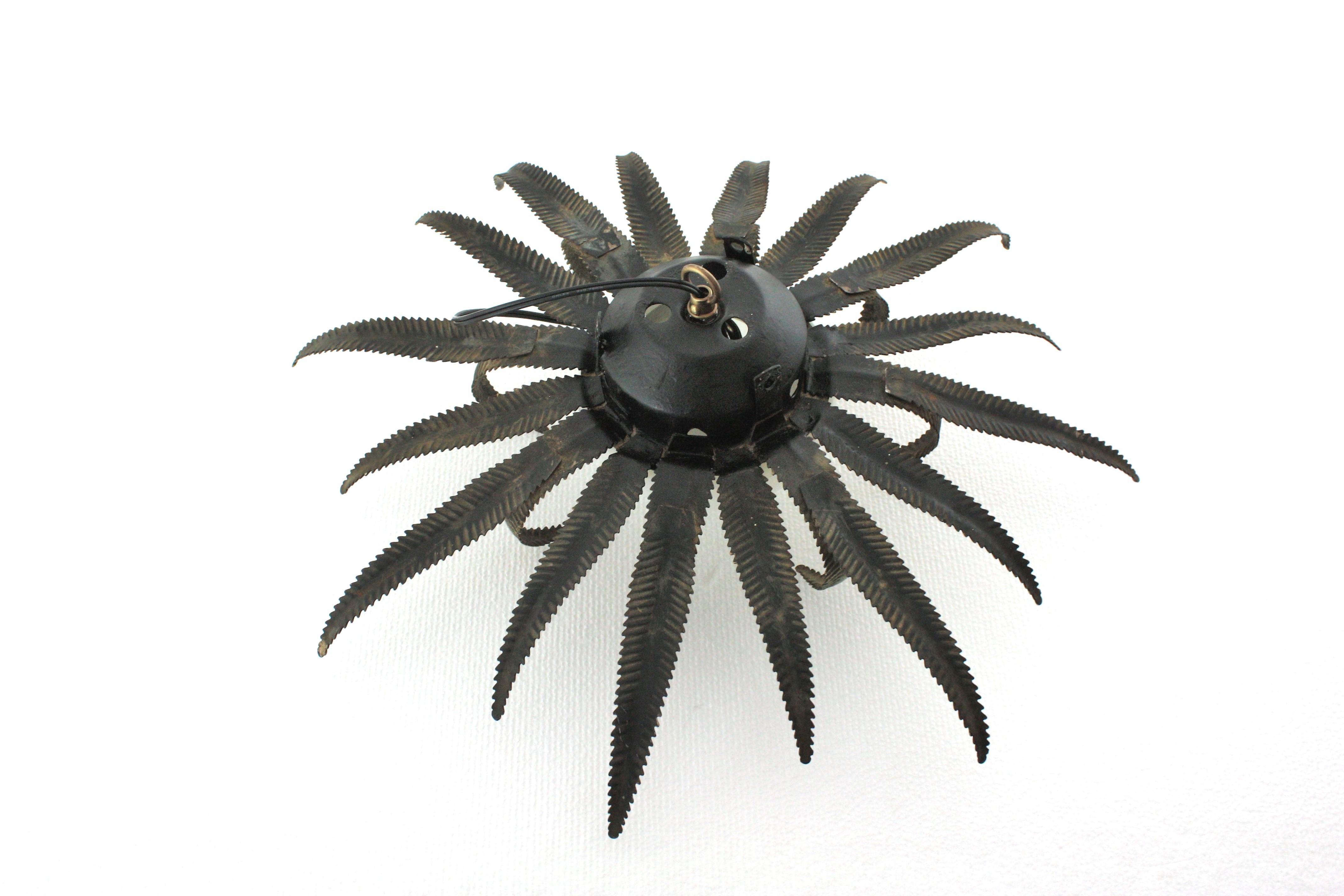 Large French Sunburst Starburst Light Fixture, Gilt Metal and Milk Glass For Sale 14