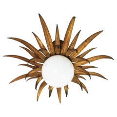 Large French Sunburst Starburst Light Fixture, Gilt Metal and Milk Glass