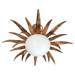 Large French Sunburst Starburst Light Fixture, Gilt Metal and Milk Glass