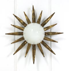 Large French Sunburst Starburst Light Fixture, Gilt Metal and Milk Glass