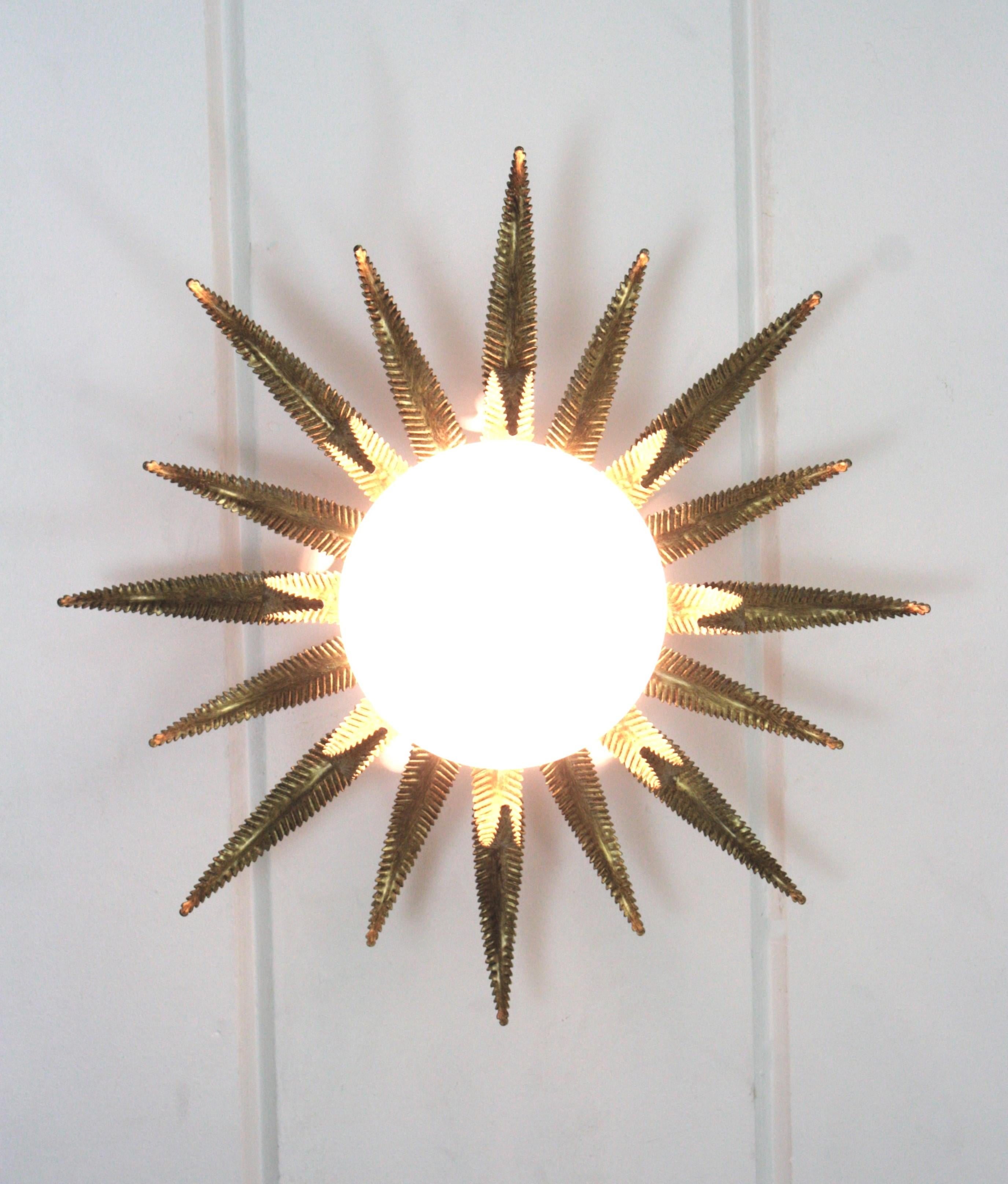 Mid-Century Modern Large French Sunburst Starburst Light Fixture, Gilt Metal and Milk Glass For Sale