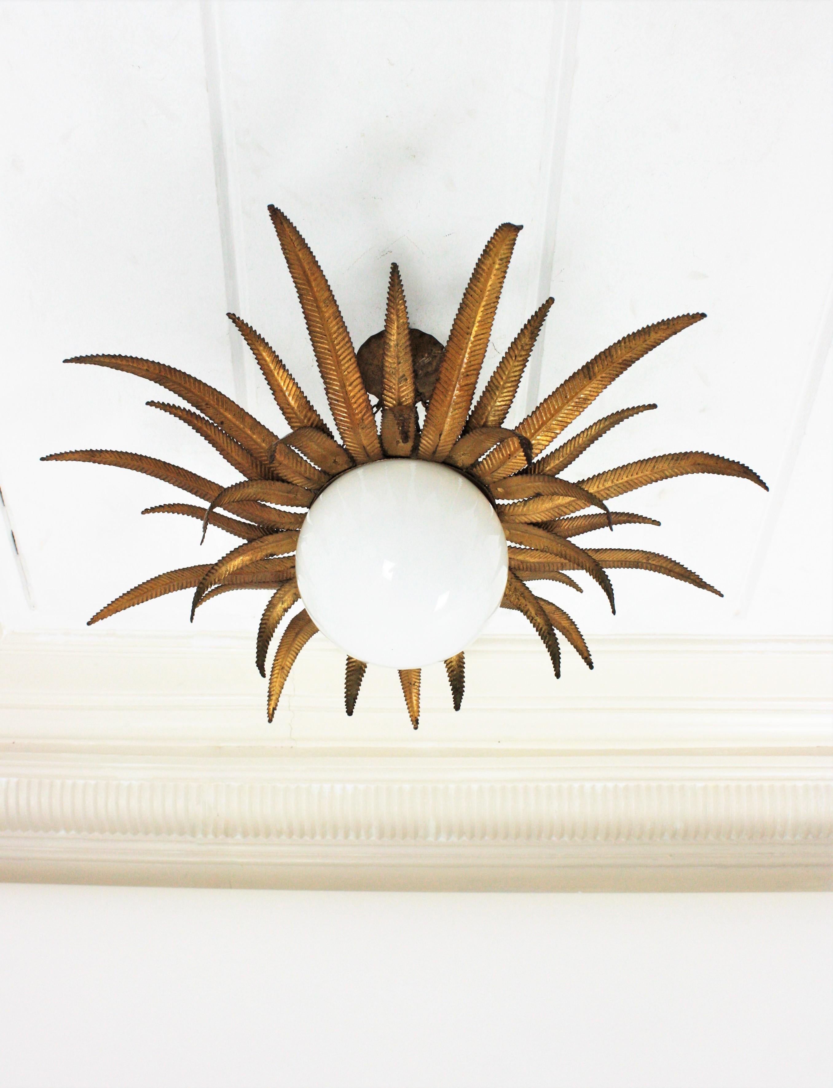 Large French Sunburst Starburst Light Fixture, Gilt Metal and Milk Glass In Good Condition In Barcelona, ES