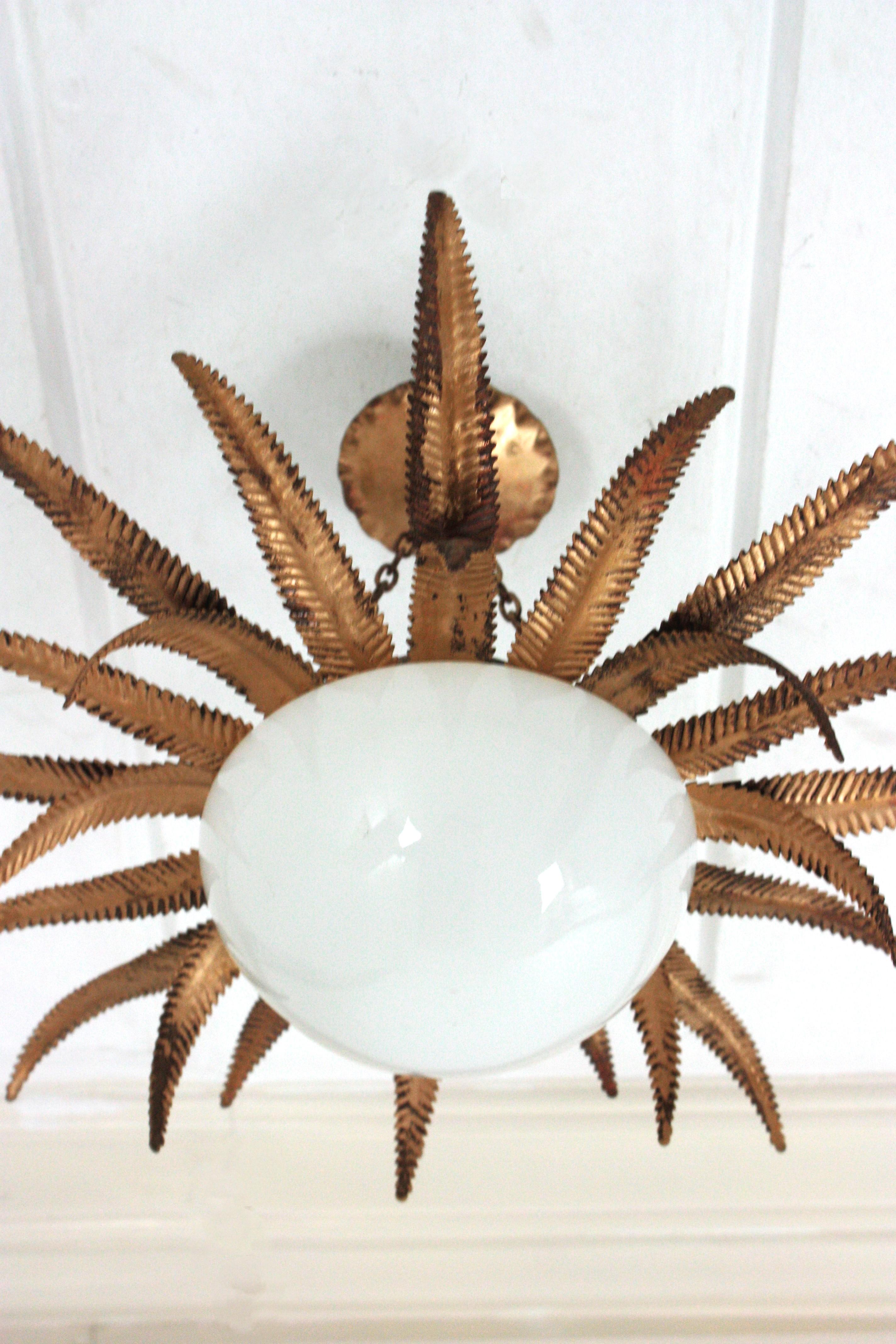 Mid-Century Modern Large French Sunburst Starburst Light Fixture, Gilt Metal and Milk Glass