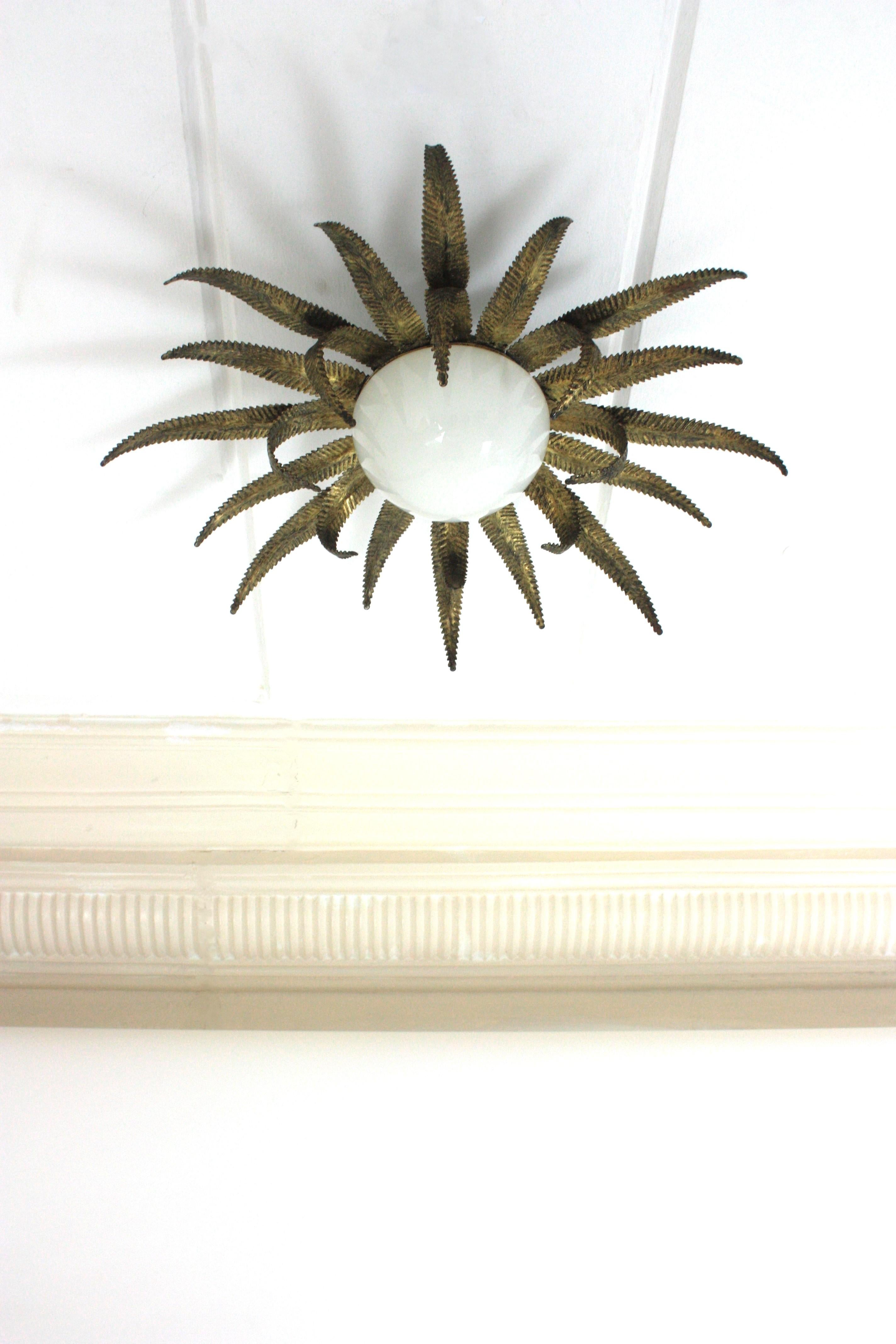 Large French Sunburst Starburst Light Fixture, Gilt Metal and Milk Glass In Good Condition For Sale In Barcelona, ES