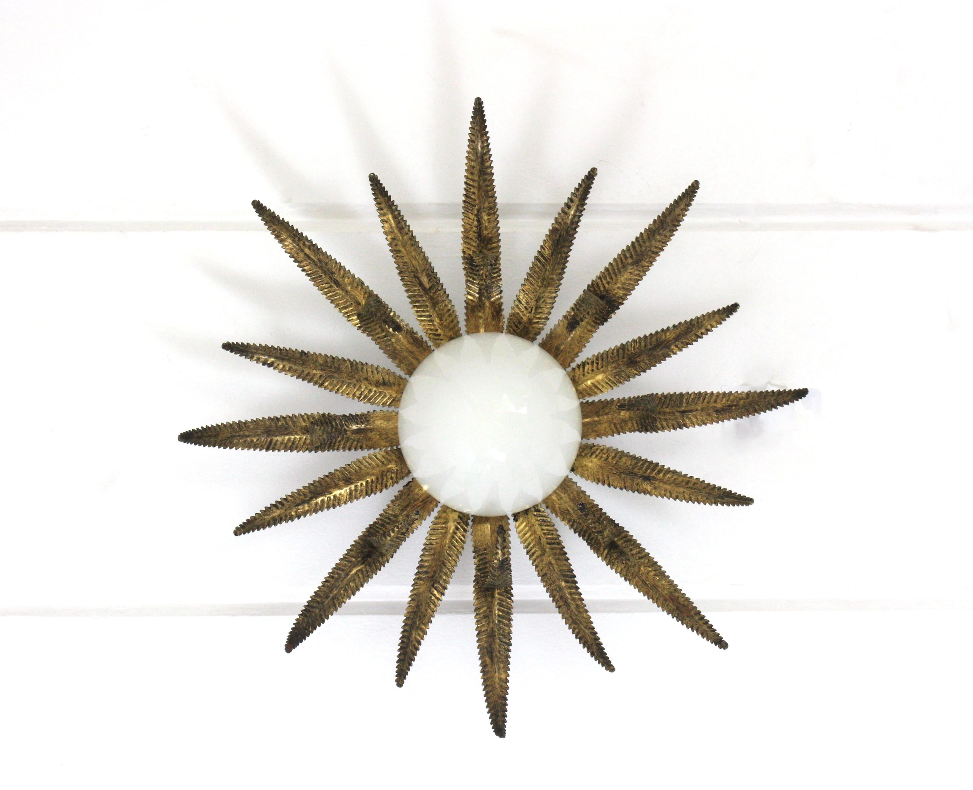 20th Century Large French Sunburst Starburst Light Fixture, Gilt Metal and Milk Glass For Sale