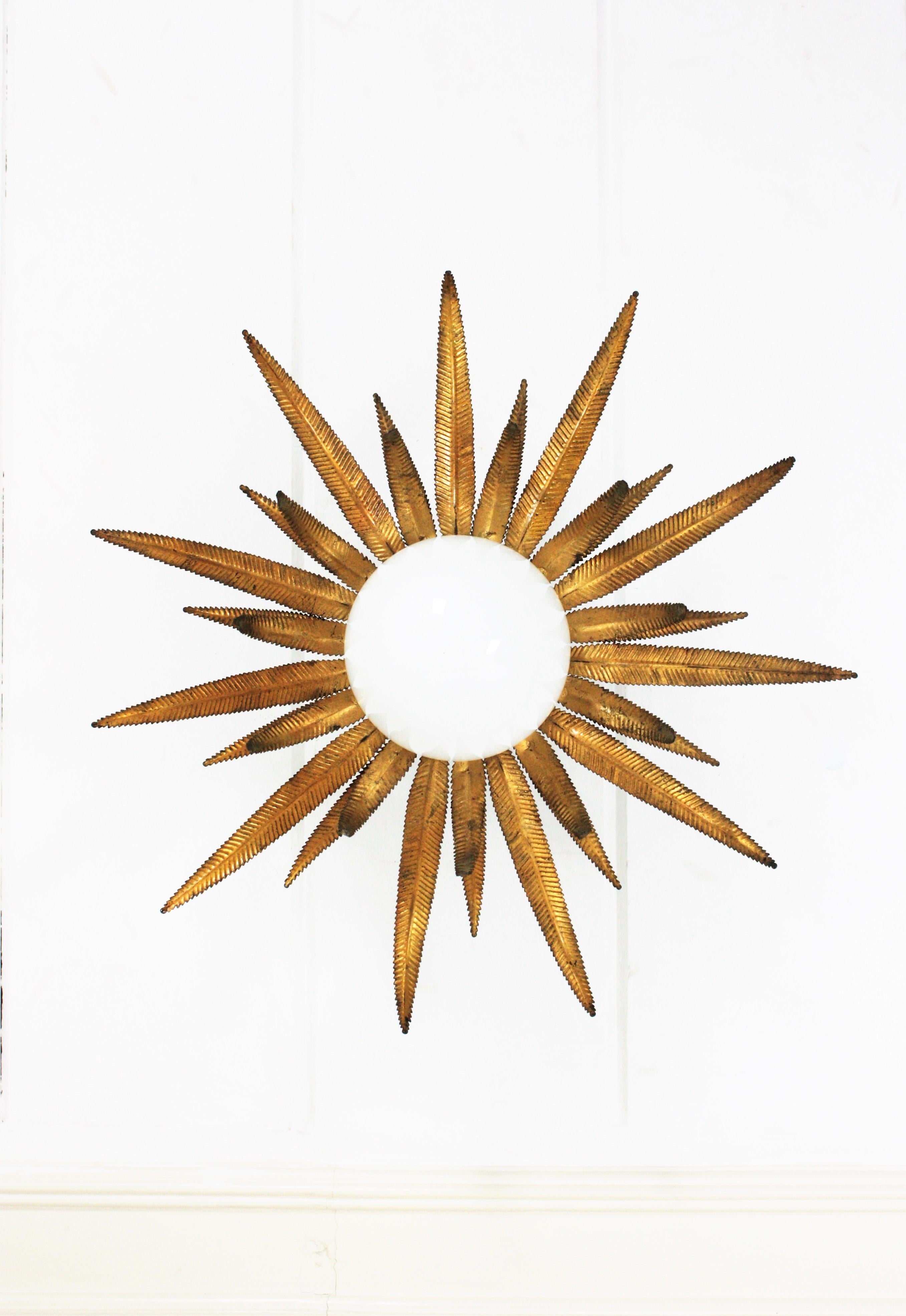 Gold Leaf Large French Sunburst Starburst Light Fixture, Gilt Metal and Milk Glass