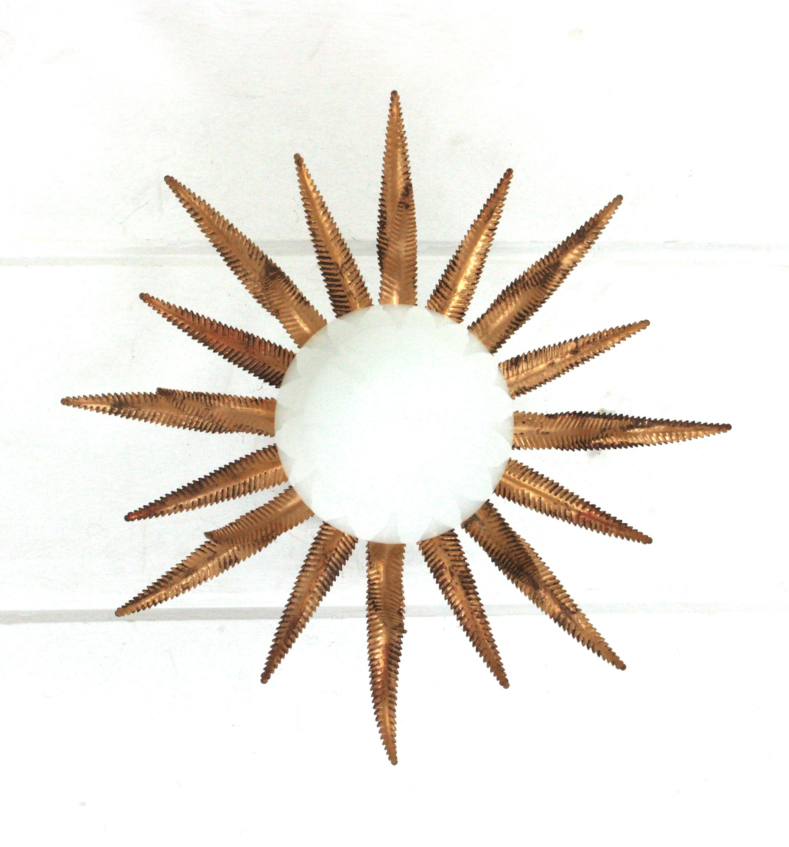 Large French Sunburst Starburst Light Fixture, Gilt Metal and Milk Glass In Good Condition In Barcelona, ES