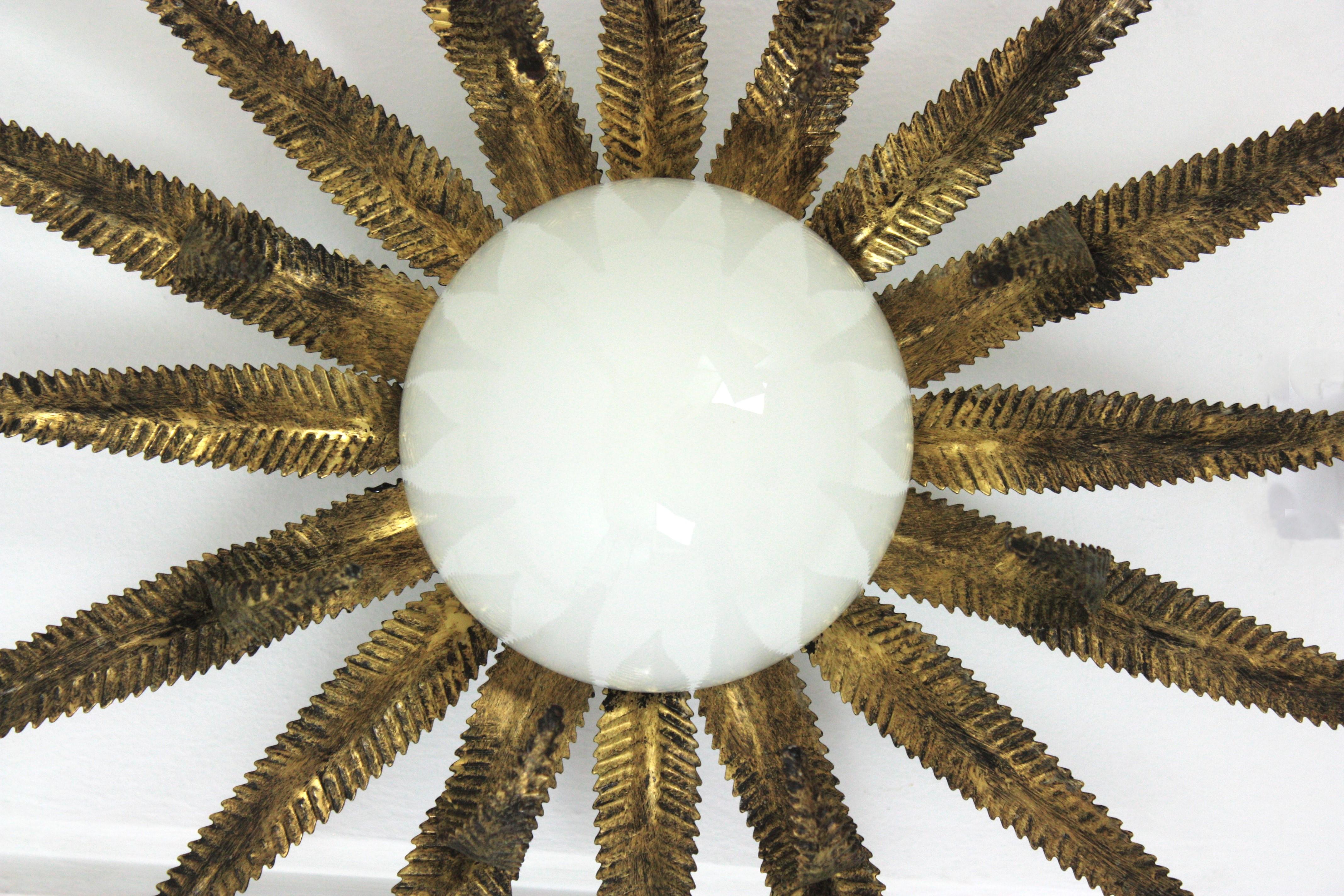 Large French Sunburst Starburst Light Fixture, Gilt Metal and Milk Glass For Sale 1
