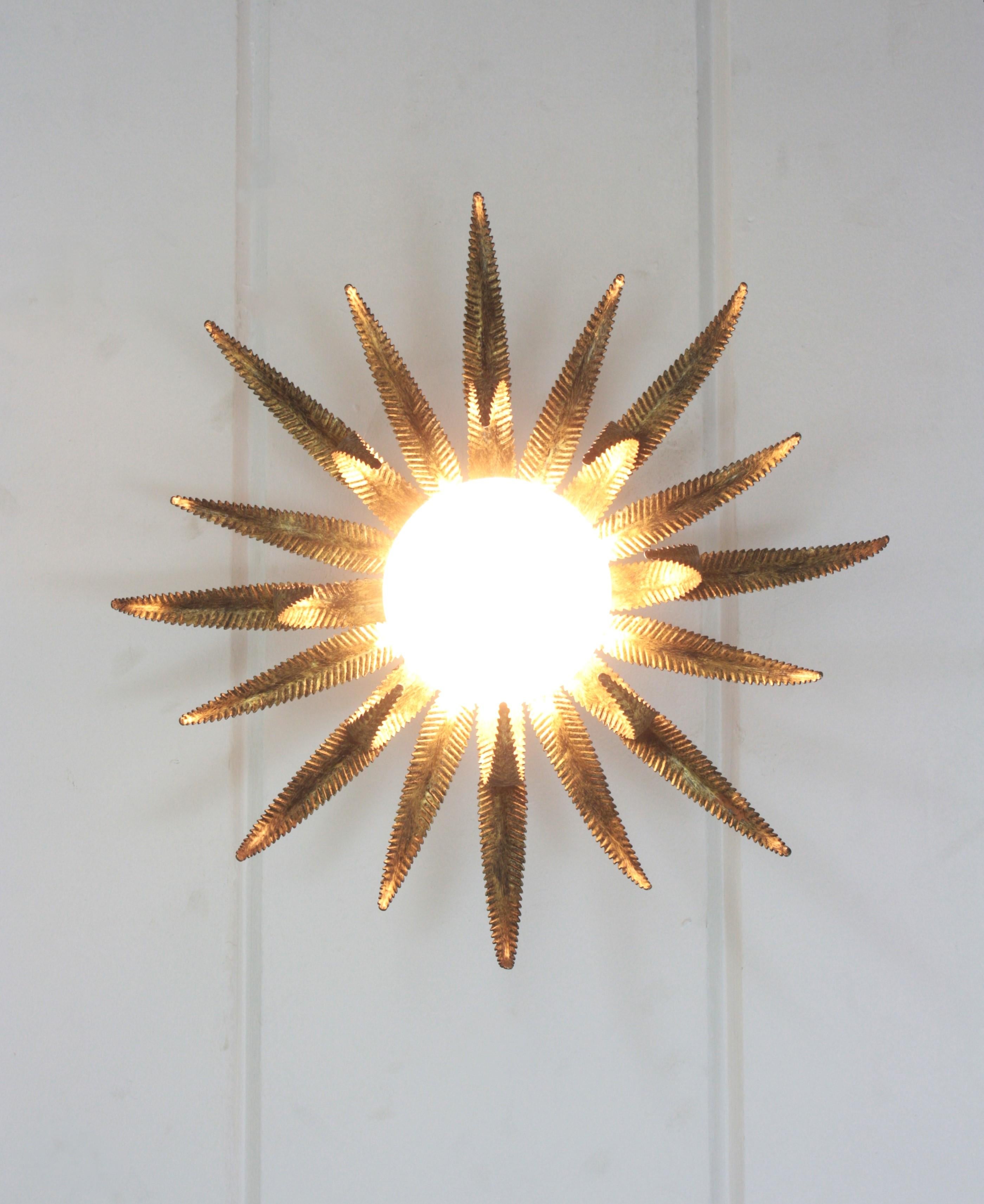 Large French Sunburst Starburst Light Fixture, Gilt Metal and Milk Glass For Sale 2