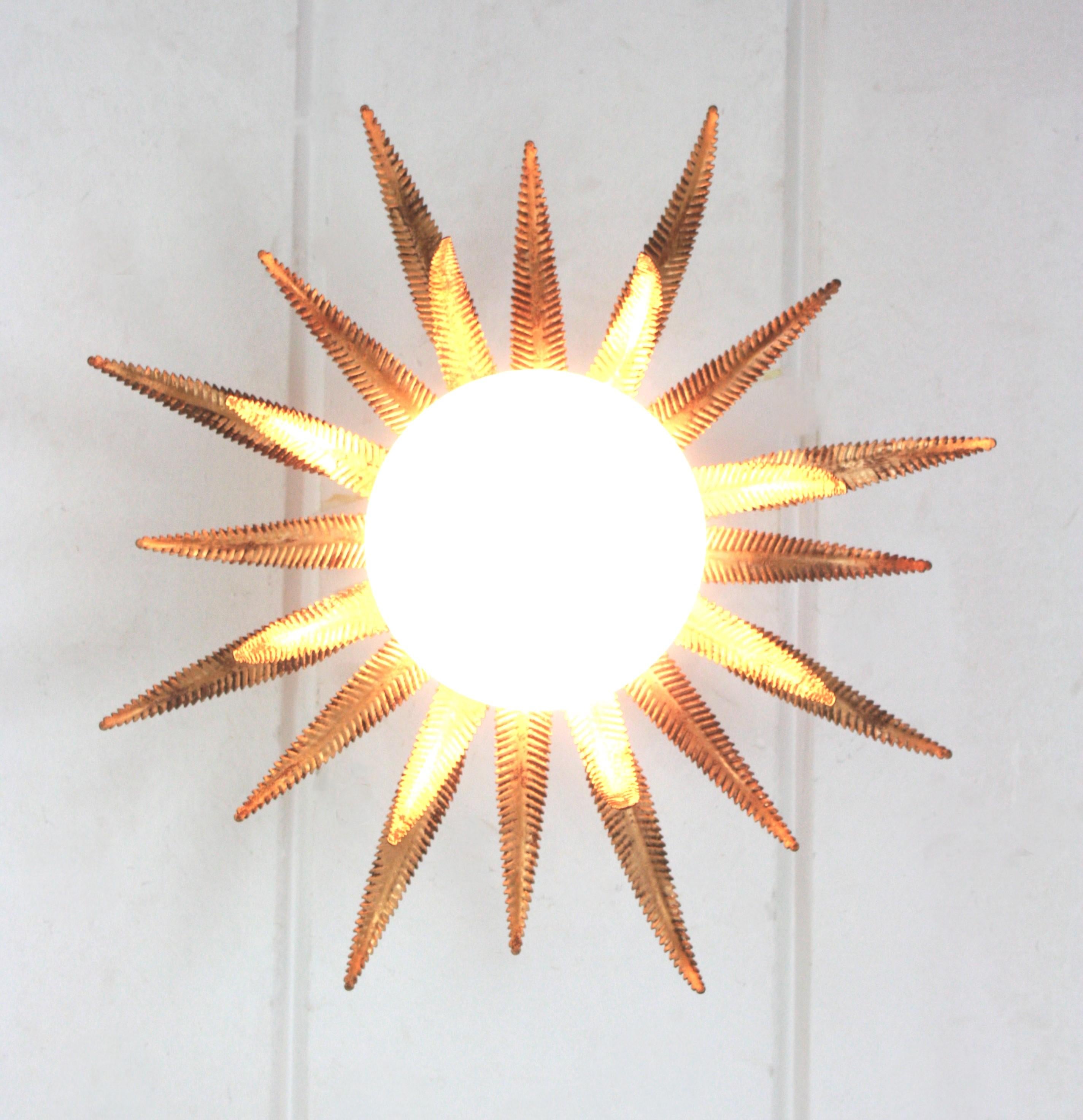 Large French Sunburst Starburst Light Fixture, Gilt Metal and Milk Glass 2