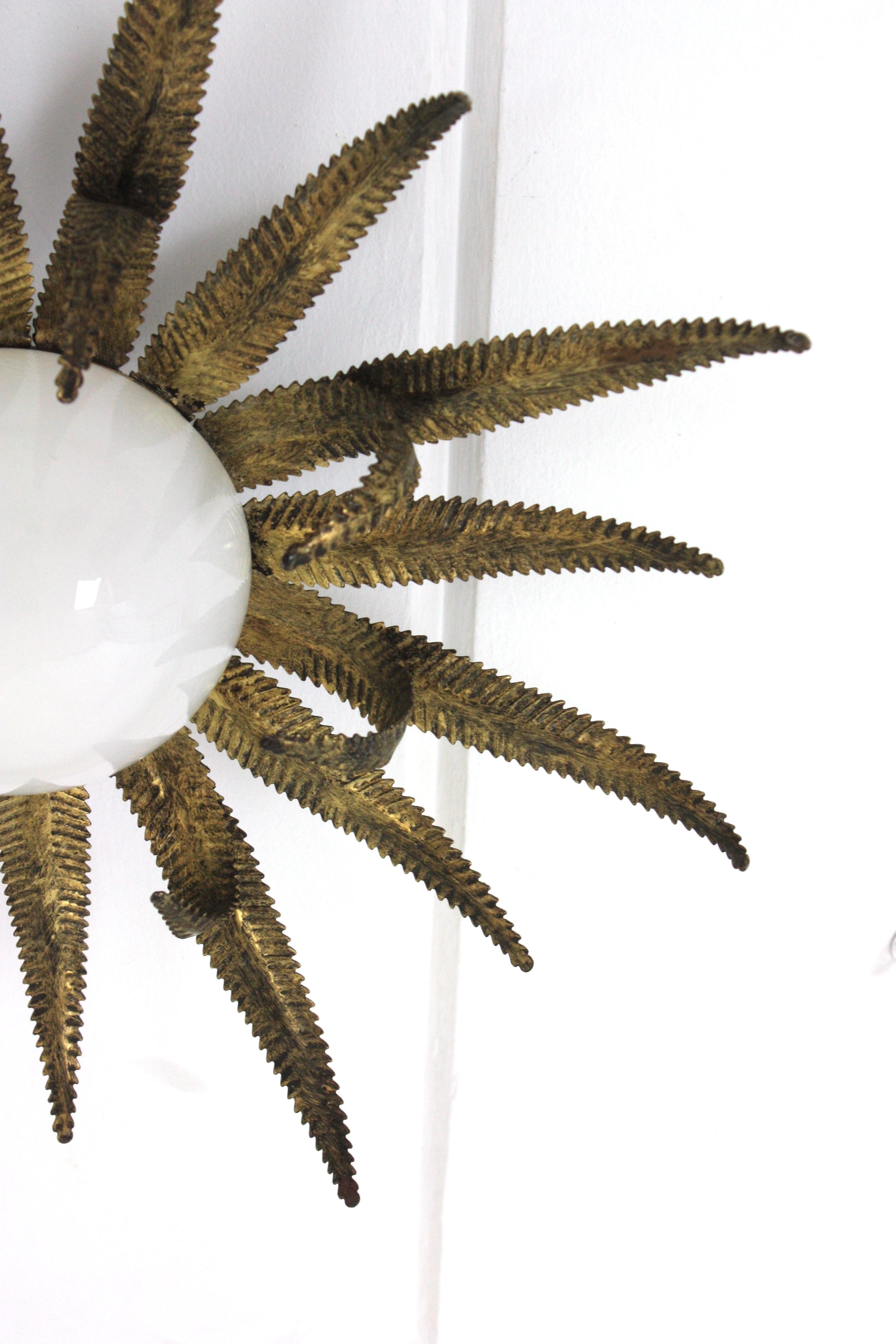 Large French Sunburst Starburst Light Fixture, Gilt Metal and Milk Glass For Sale 4