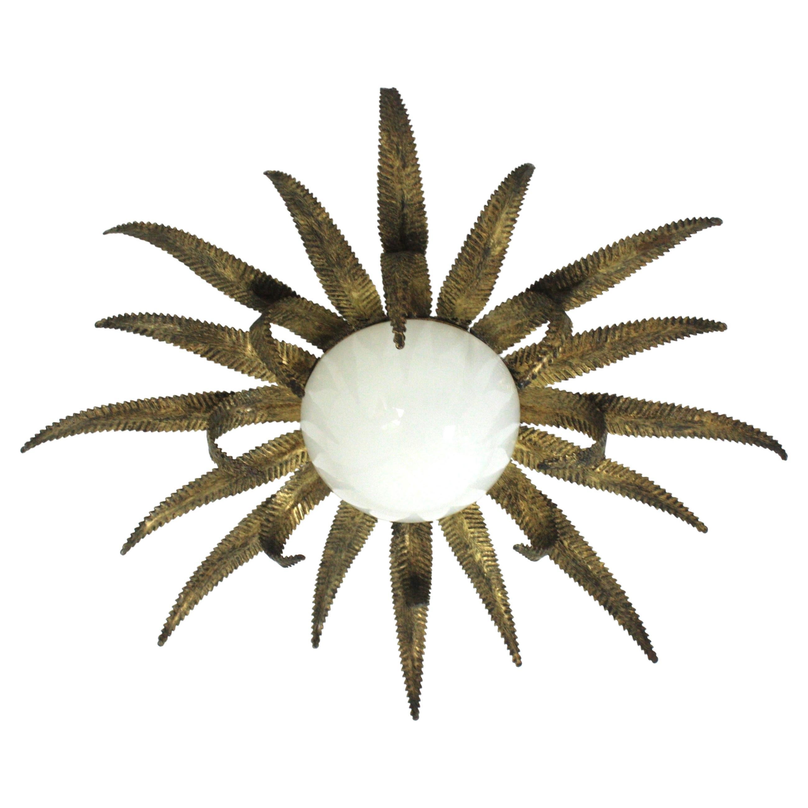 Large French Sunburst Starburst Light Fixture, Gilt Metal and Milk Glass For Sale