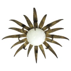 Large French Sunburst Starburst Light Fixture, Gilt Metal and Milk Glass