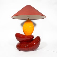 Large French Table Lamp by François Châtain in Red and Yellow Glazed Ceramic