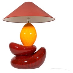 Large French Table Lamp by François Châtain in Red and Yellow Glazed Ceramic