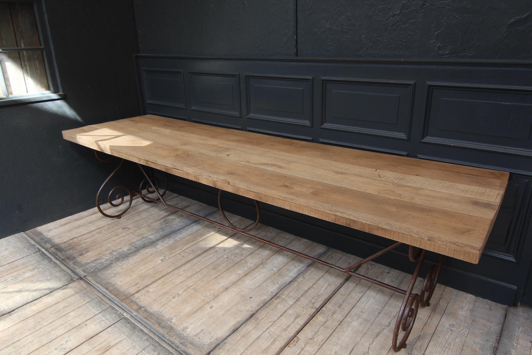 20th Century Large French Table Made of Oak and Iron