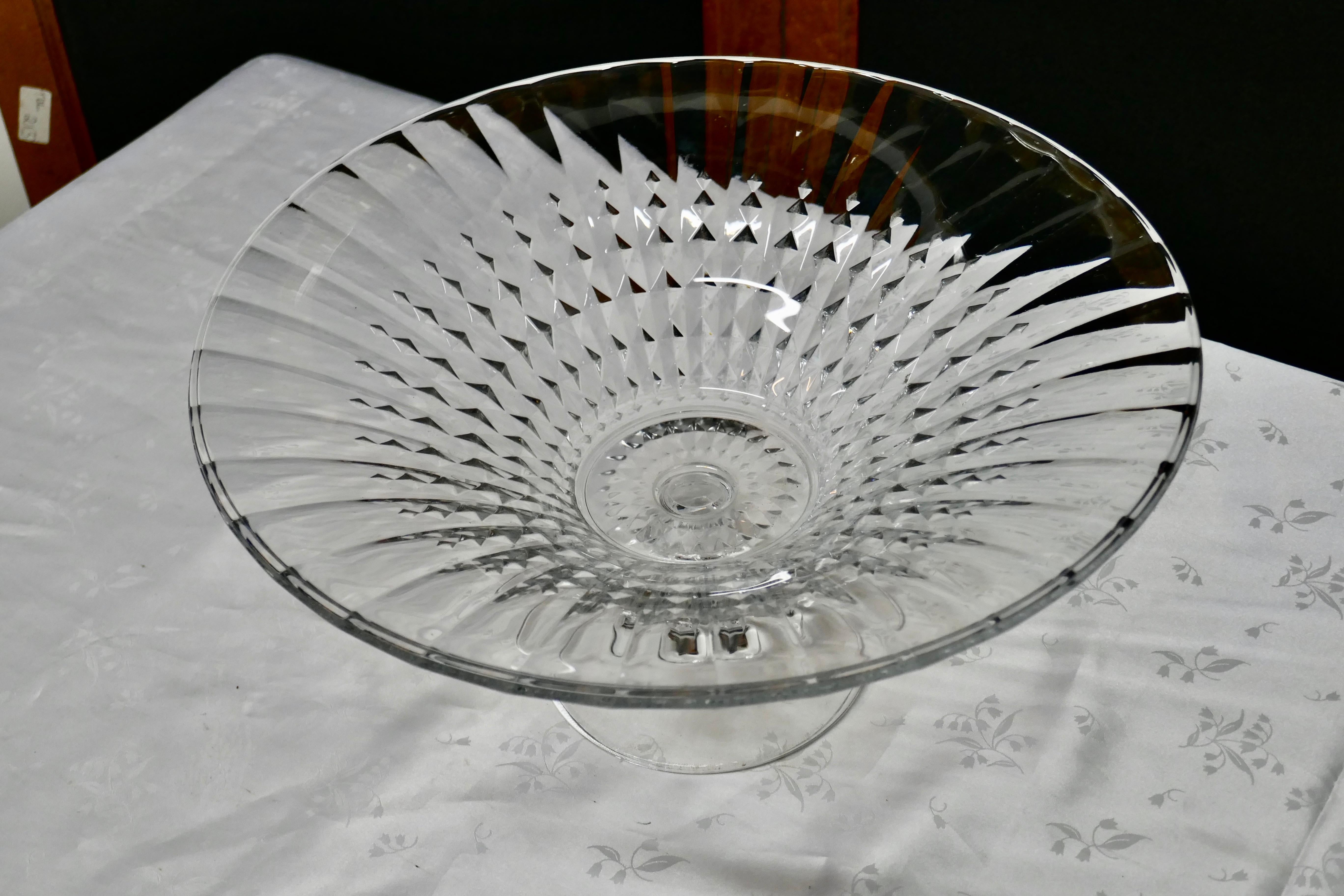 Art Deco Large French Tazza Diamond Patterned Crystal Pedestal Fruit Dish For Sale