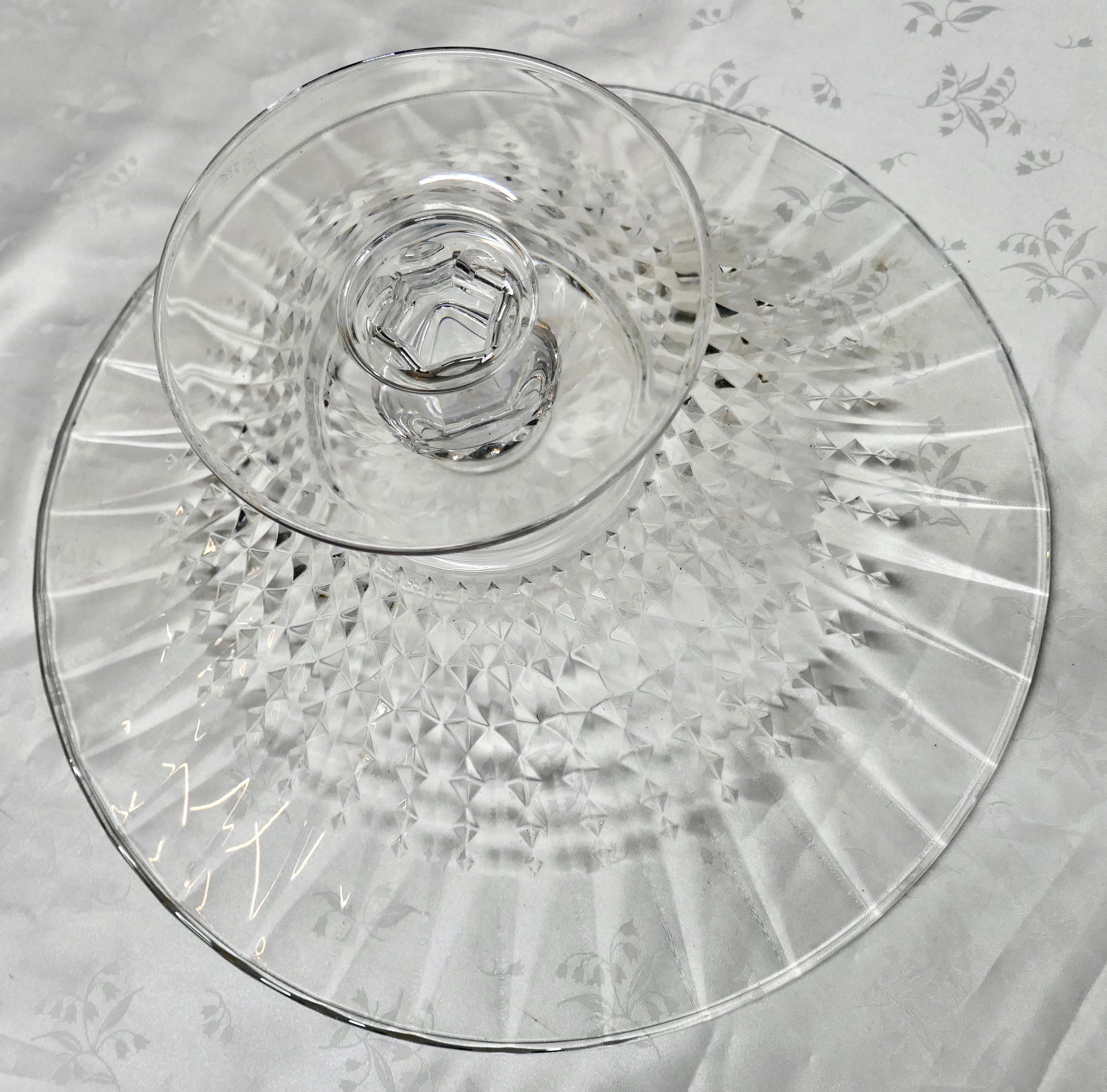 20th Century Large French Tazza Diamond Patterned Crystal Pedestal Fruit Dish For Sale