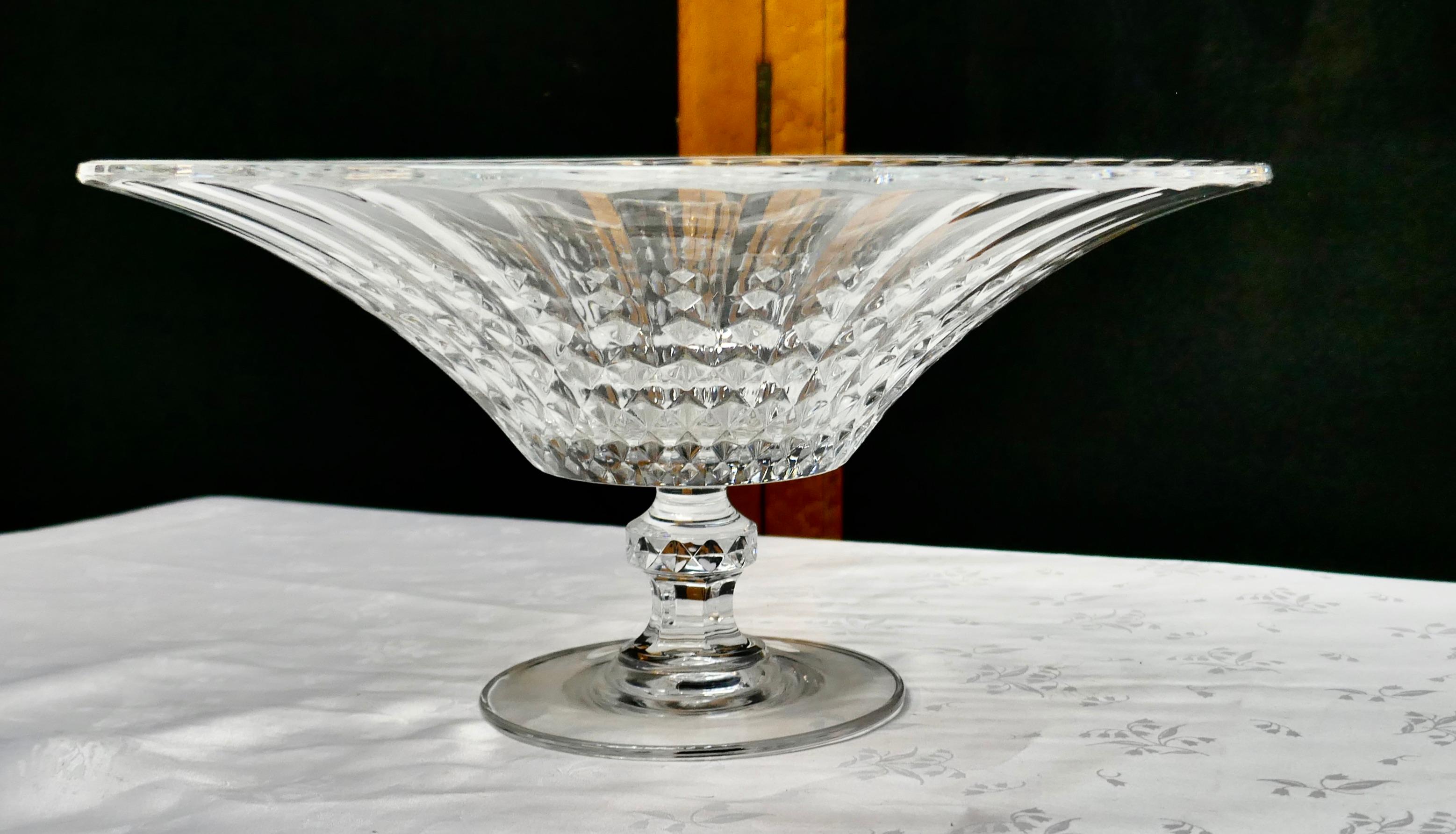 Glass Large French Tazza Diamond Patterned Crystal Pedestal Fruit Dish For Sale