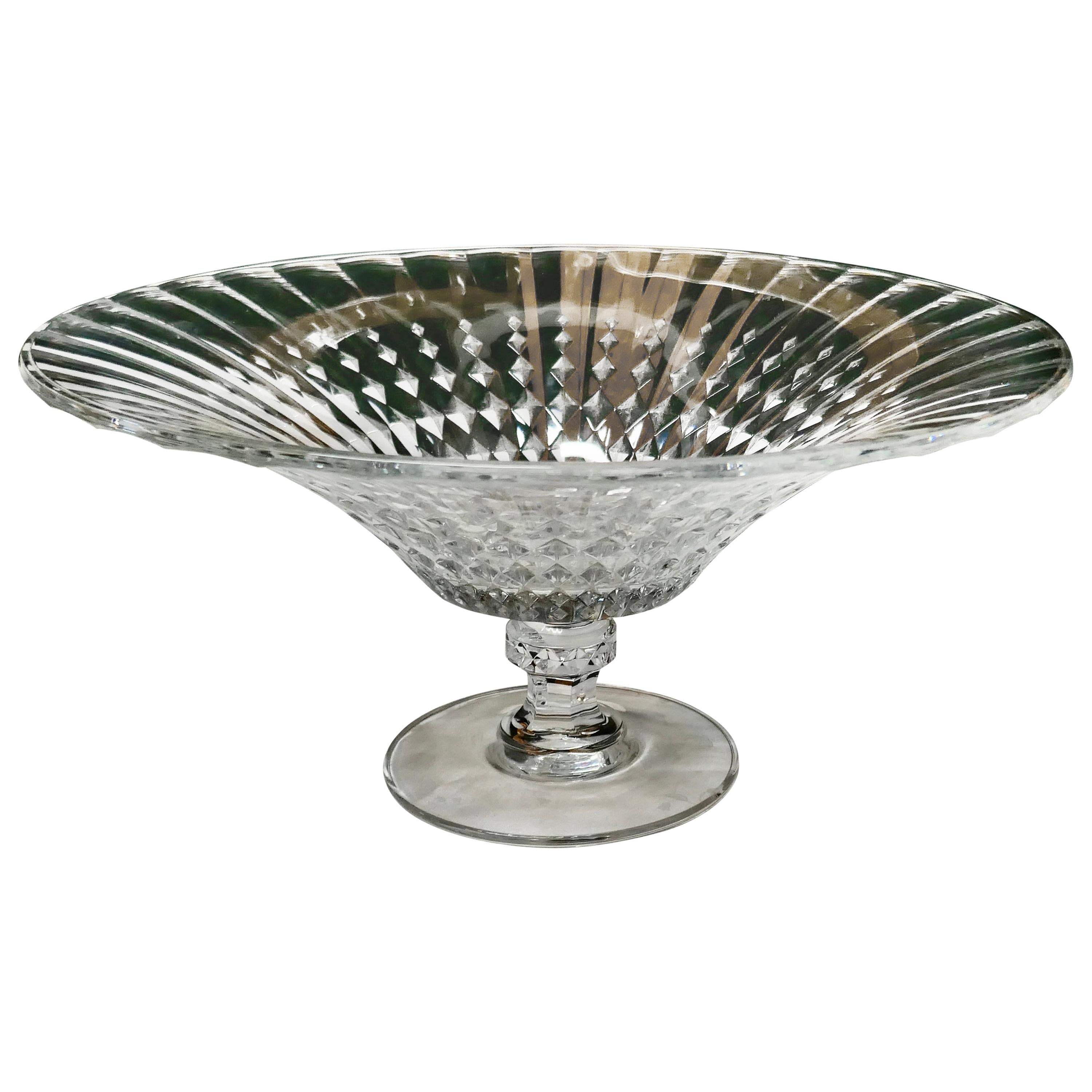 Large French Tazza Diamond Patterned Crystal Pedestal Fruit Dish For Sale