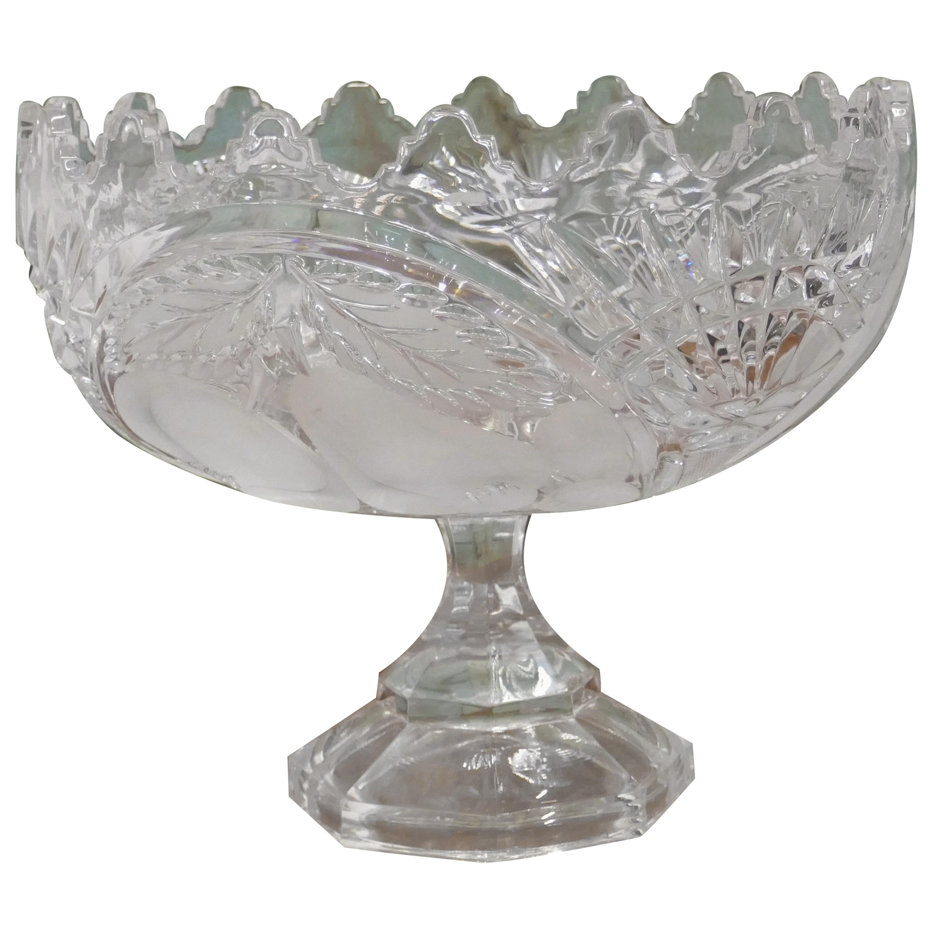 Large French Tazza Etched Cristal Pedestal Fruit Dish For Sale