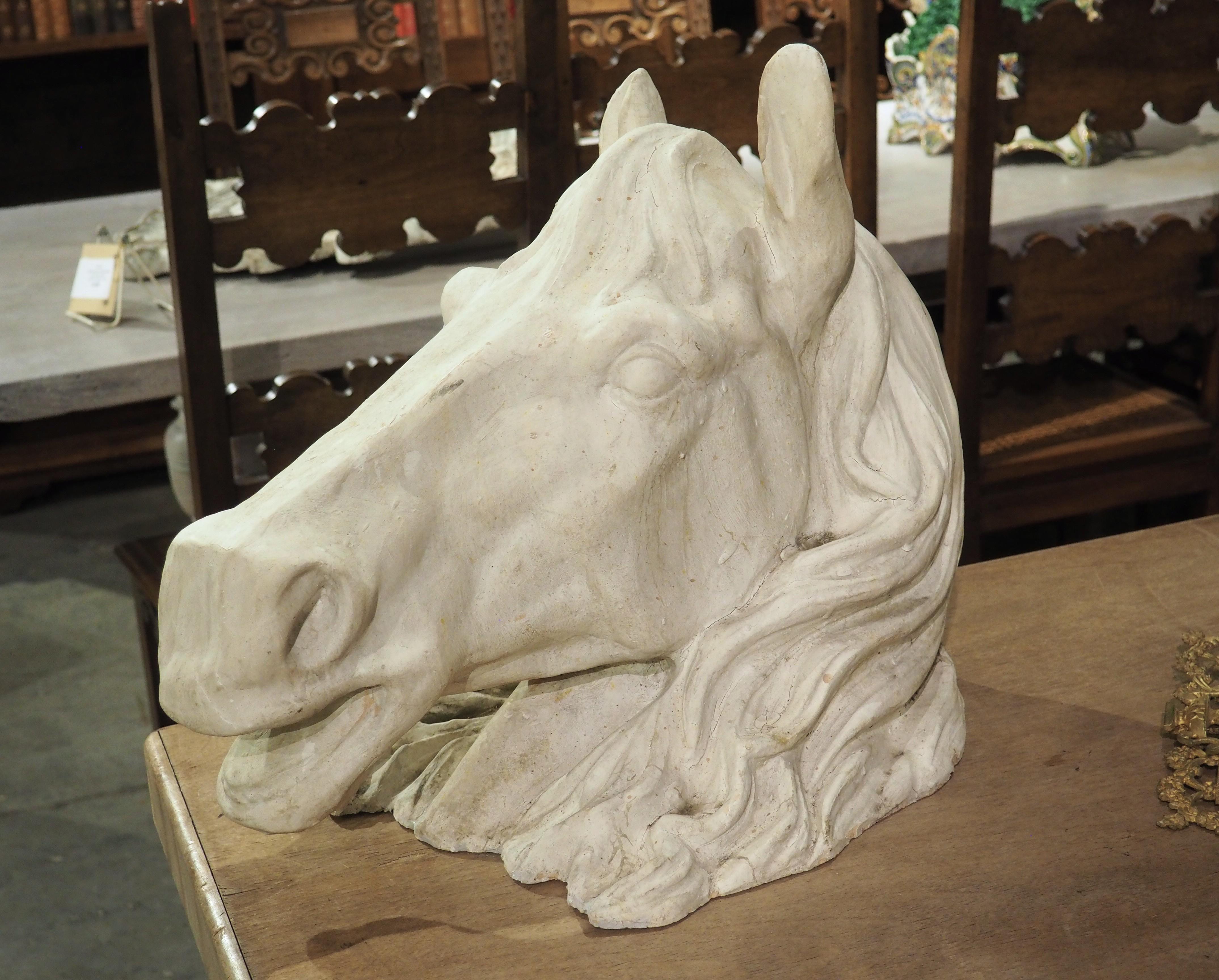 Hand-Painted Large French Terra Cotta Horse Head Sculpture, 1960s For Sale