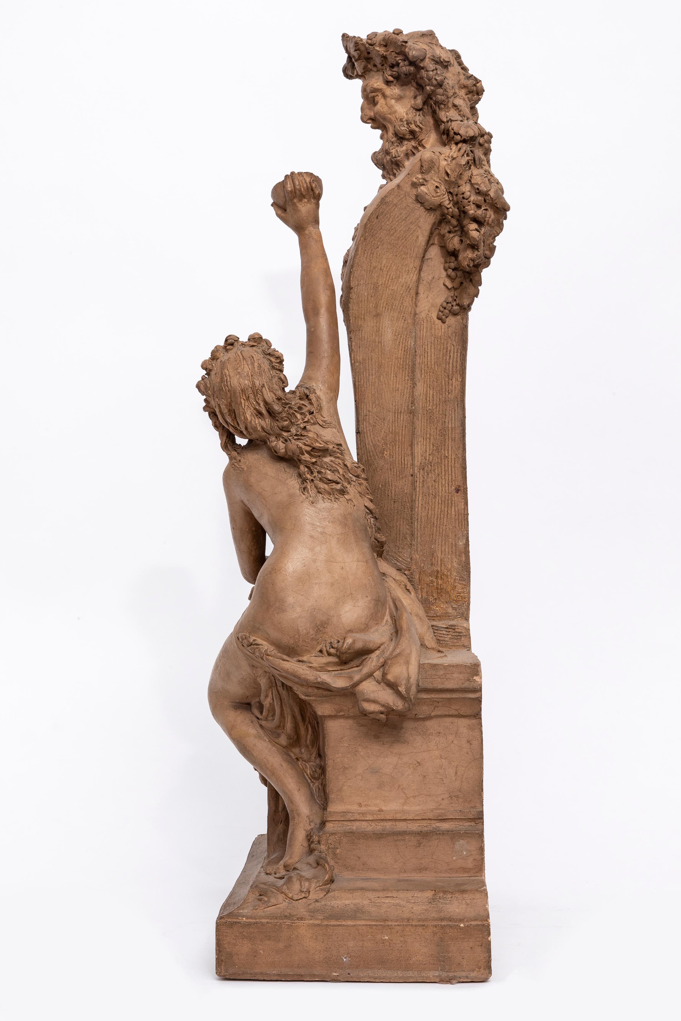 Große französische Terrakotta-Figur des Bacchus und einer Schönheit, signiert, Carrier-Belleuse (Handgeschnitzt) im Angebot