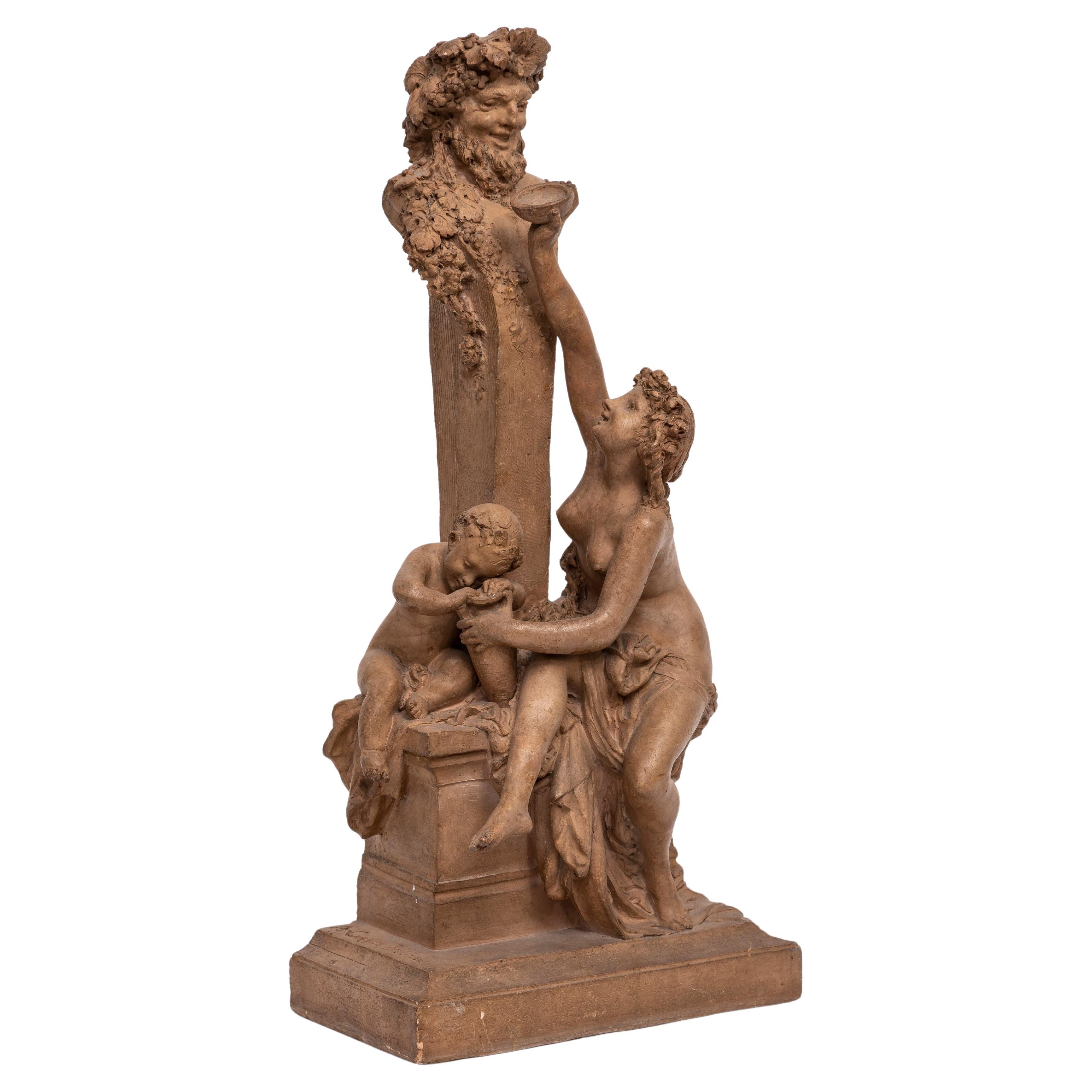 Large French Terracotta Figure of Bacchus and a Beauty, Signed, Carrier-Belleuse For Sale