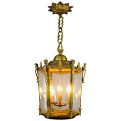 Large French Three-Light Beveled Glass and Bronze Hanging Lantern