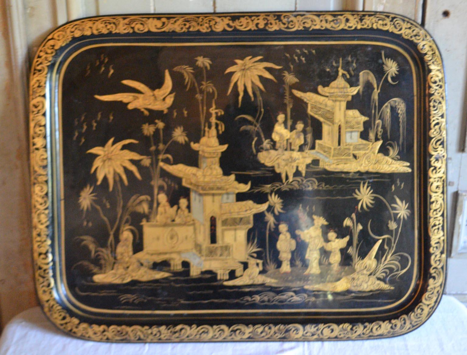 Large chinoiserie tole tray/table top, black with gold. Excellent gold depictions, 19th century. Good condition, France.