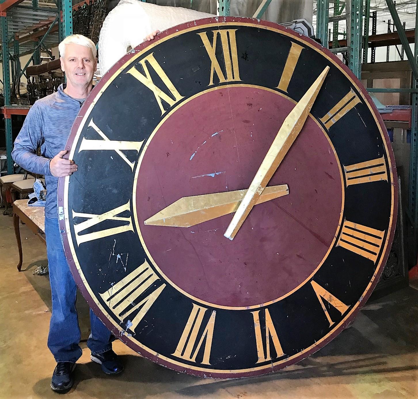 Have fun getting creative with this very scarce and large French painted metal tower clock face, the dial with gold-leaf Roman numerals. 

Diameter 80