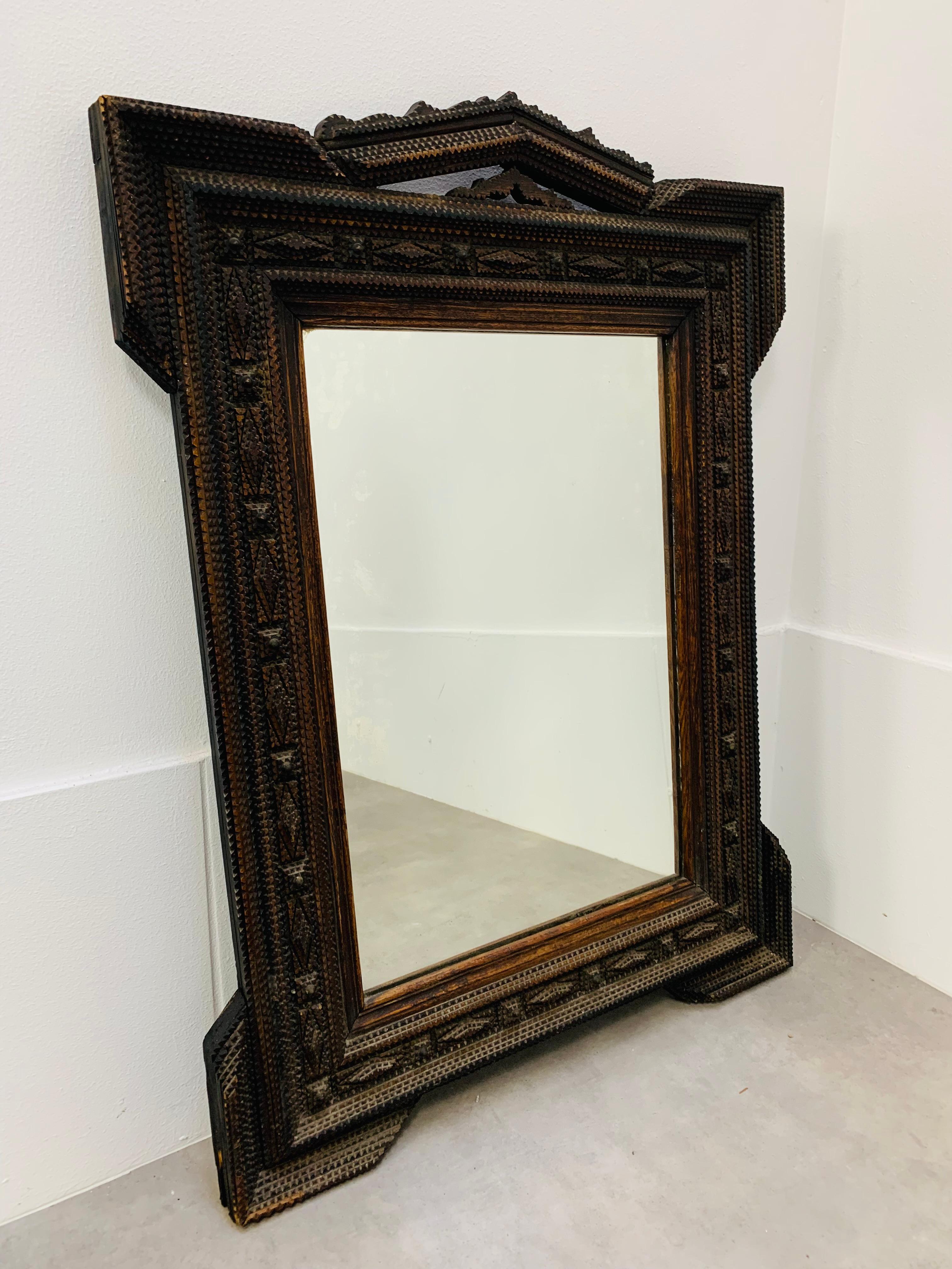 Large french tramp art folk mirror, 1900's. Very beautiful. 
