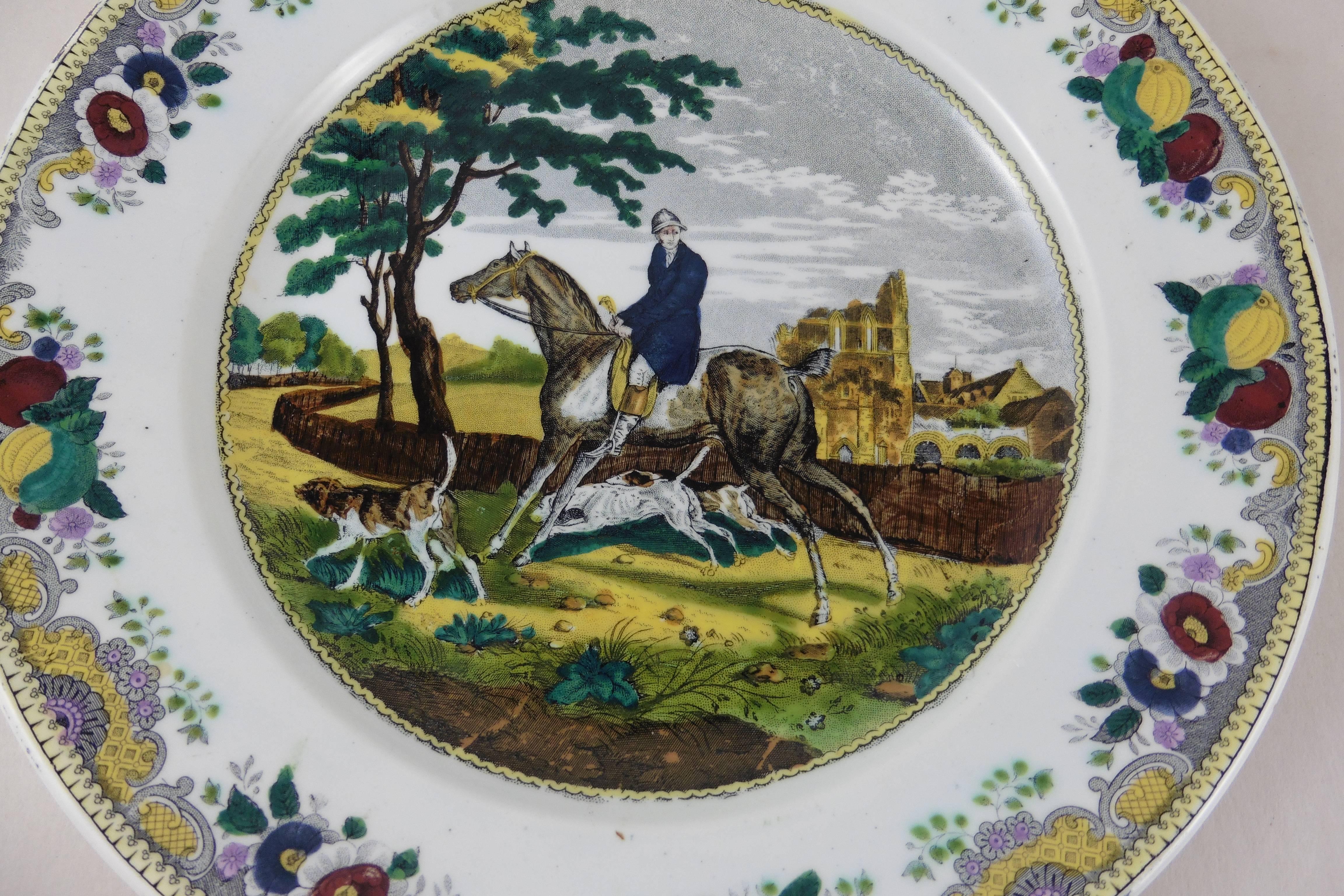 Gran plato francés de transferencias Cazador de jinetes Choisy le Roi, hacia 1840 Francés en venta