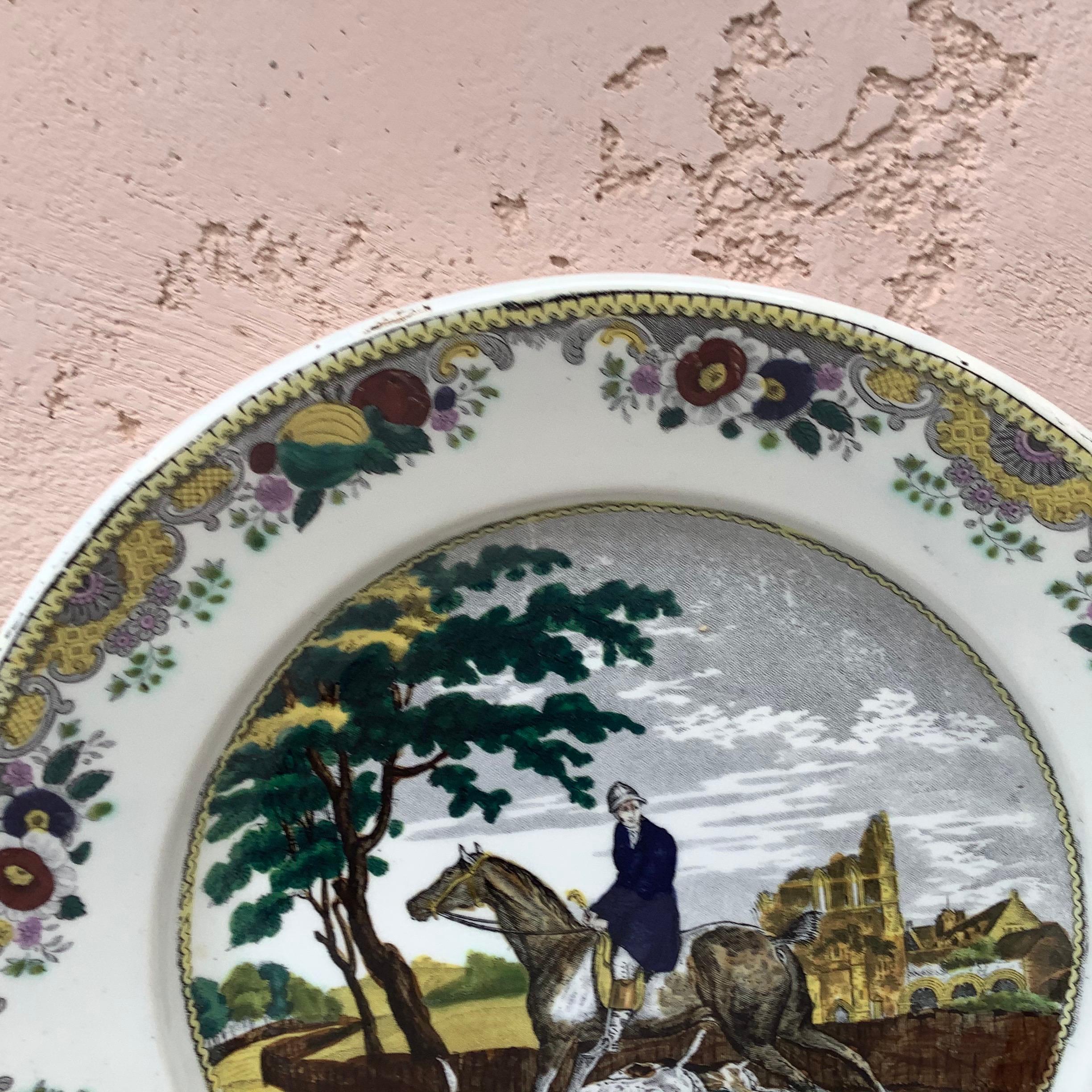 Mid-19th Century Large French Transferware Horseman Hunter Platter Choisy le Roi, circa 1840 For Sale