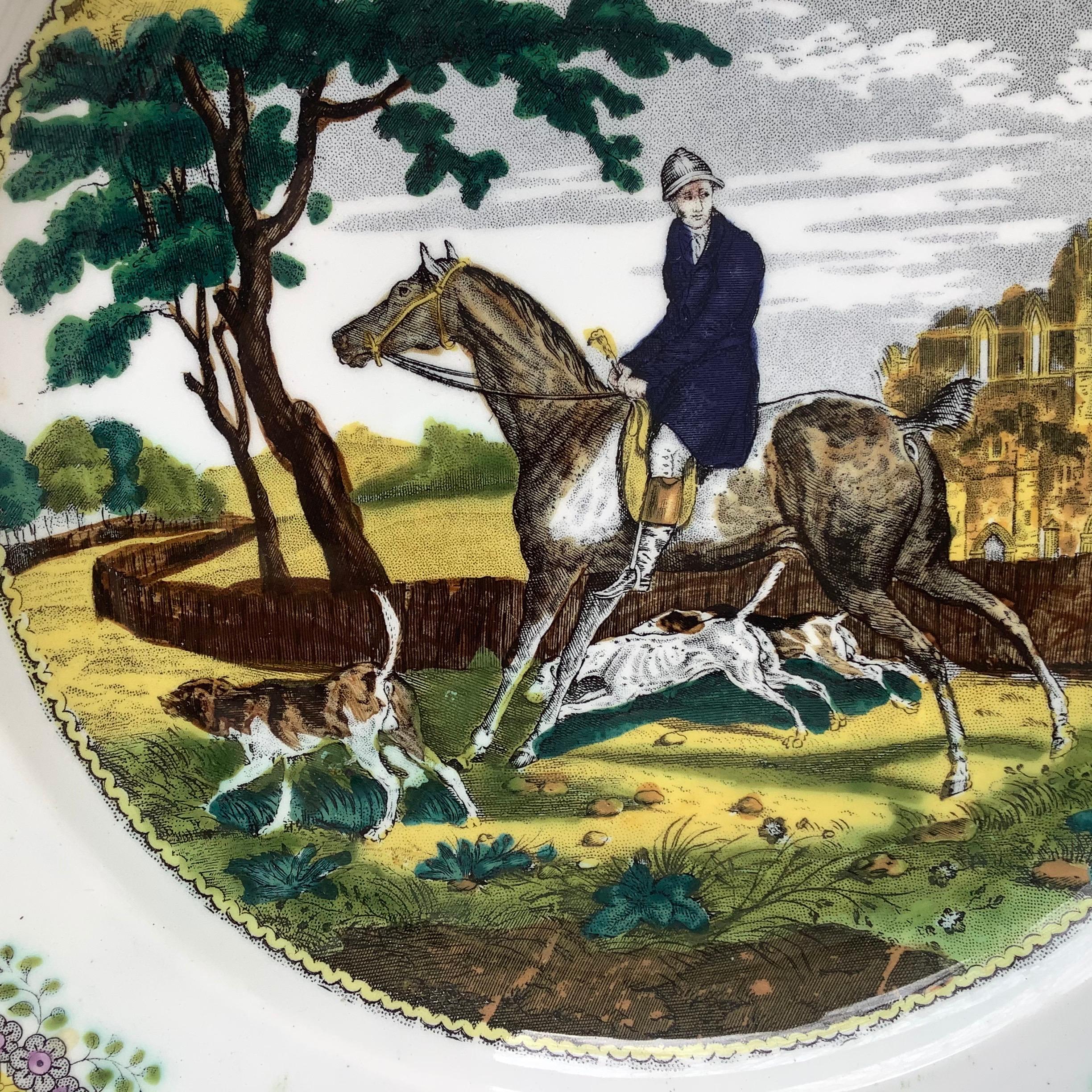Faience Large French Transferware Horseman Hunter Platter Choisy le Roi, circa 1840 For Sale
