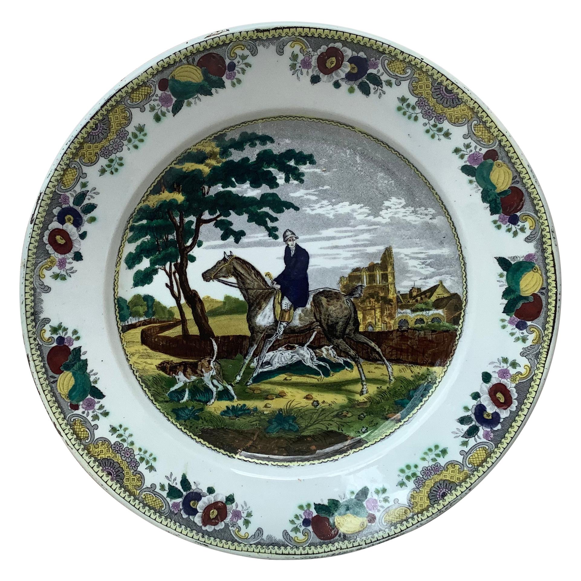 Large French Transferware Horseman Hunter Platter Choisy le Roi, circa 1840 For Sale