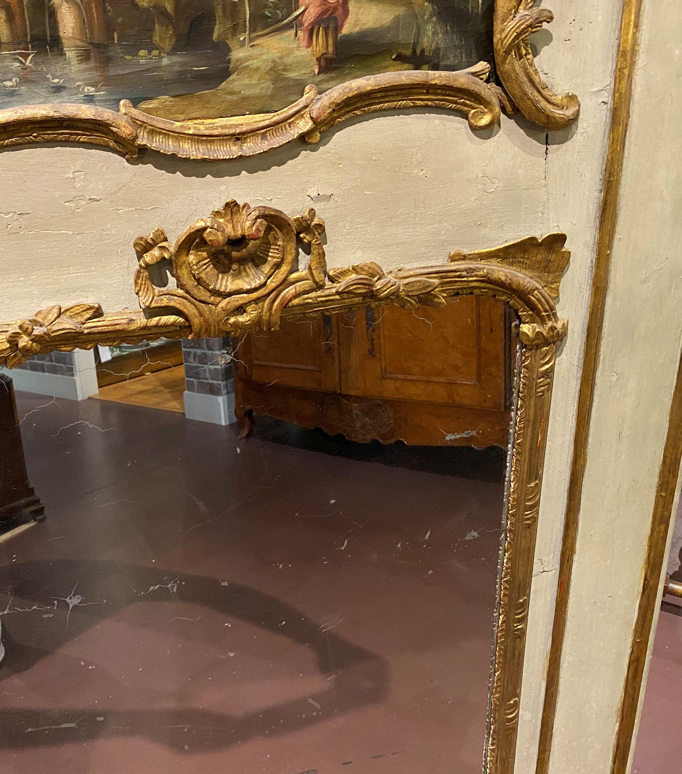 Large French Trumeau Overmantle Mirror with Genre Scene In Good Condition For Sale In Milford, NH