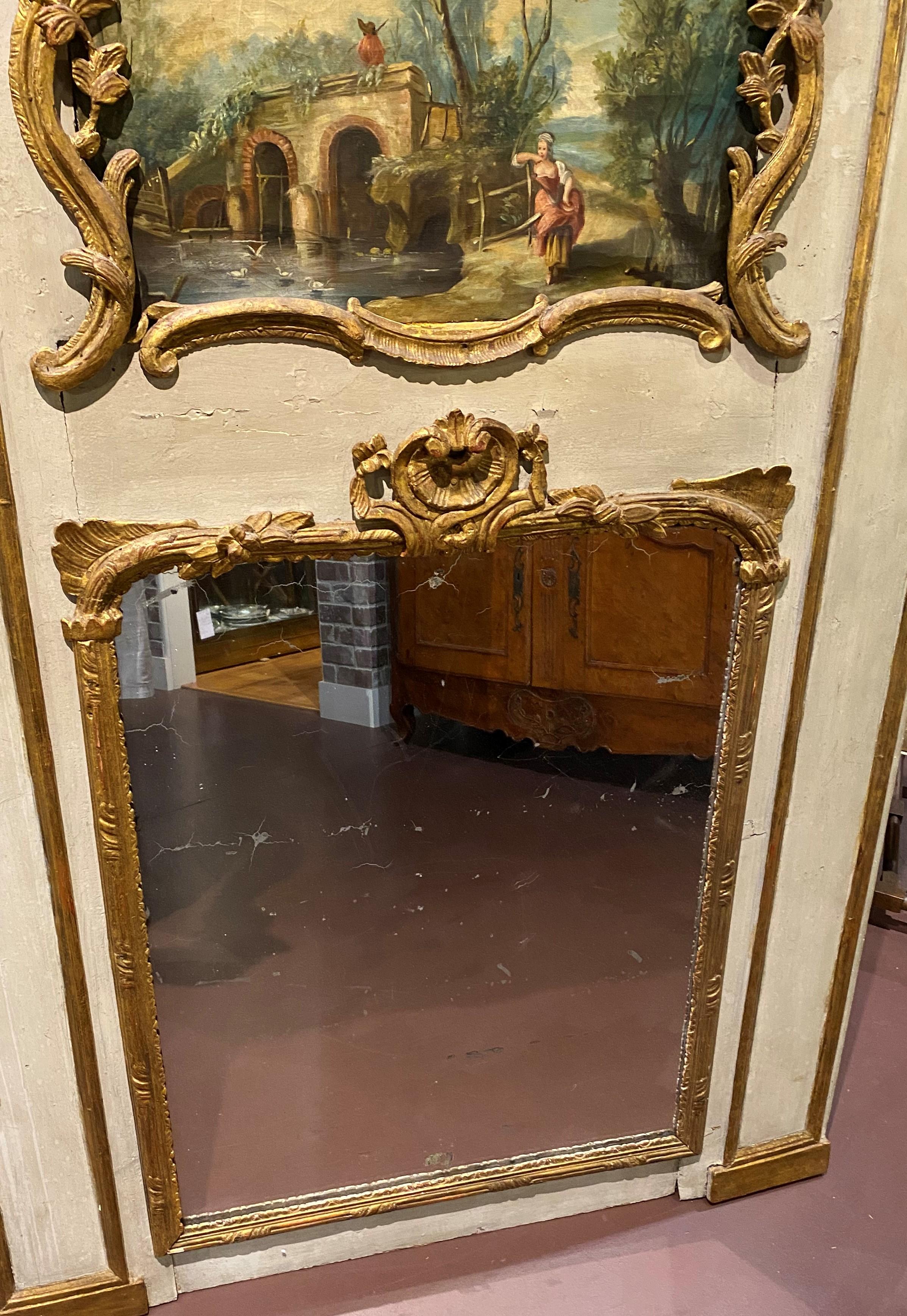 Large French Trumeau Overmantle Mirror with Genre Scene In Good Condition For Sale In Milford, NH