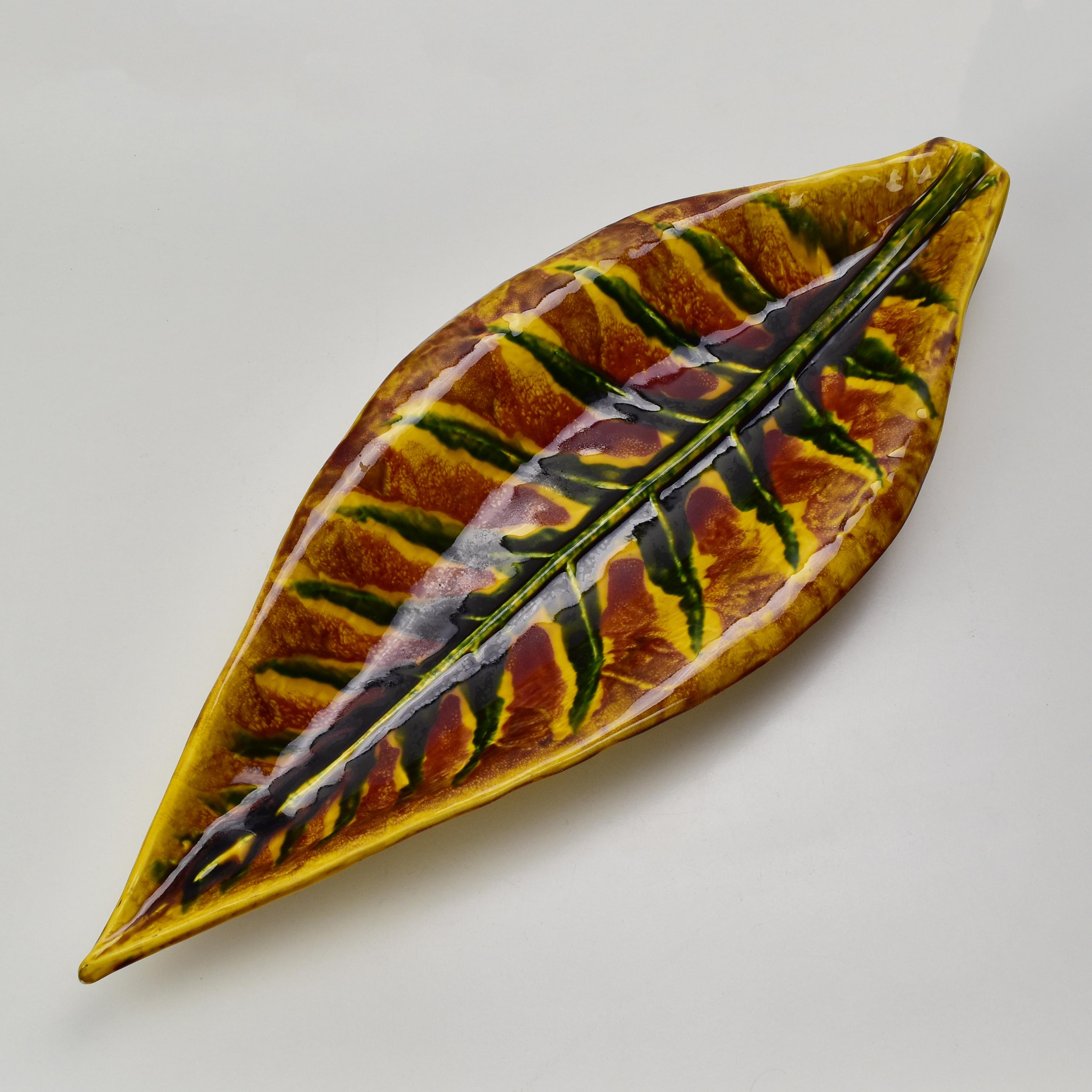 Mid-Century Modern Large French Vallauris Leaf Shaped Pottery Ceramic Bowl For Sale
