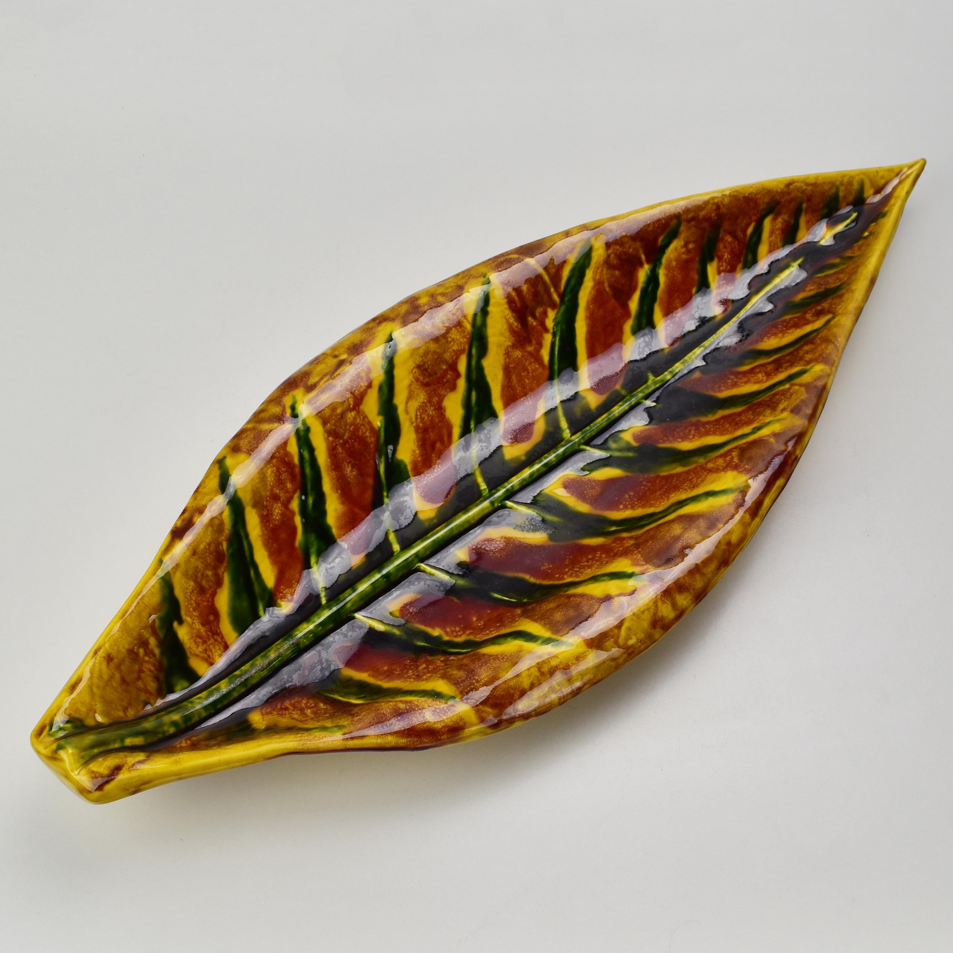 Hand-Crafted Large French Vallauris Leaf Shaped Pottery Ceramic Bowl Centerpiece For Sale