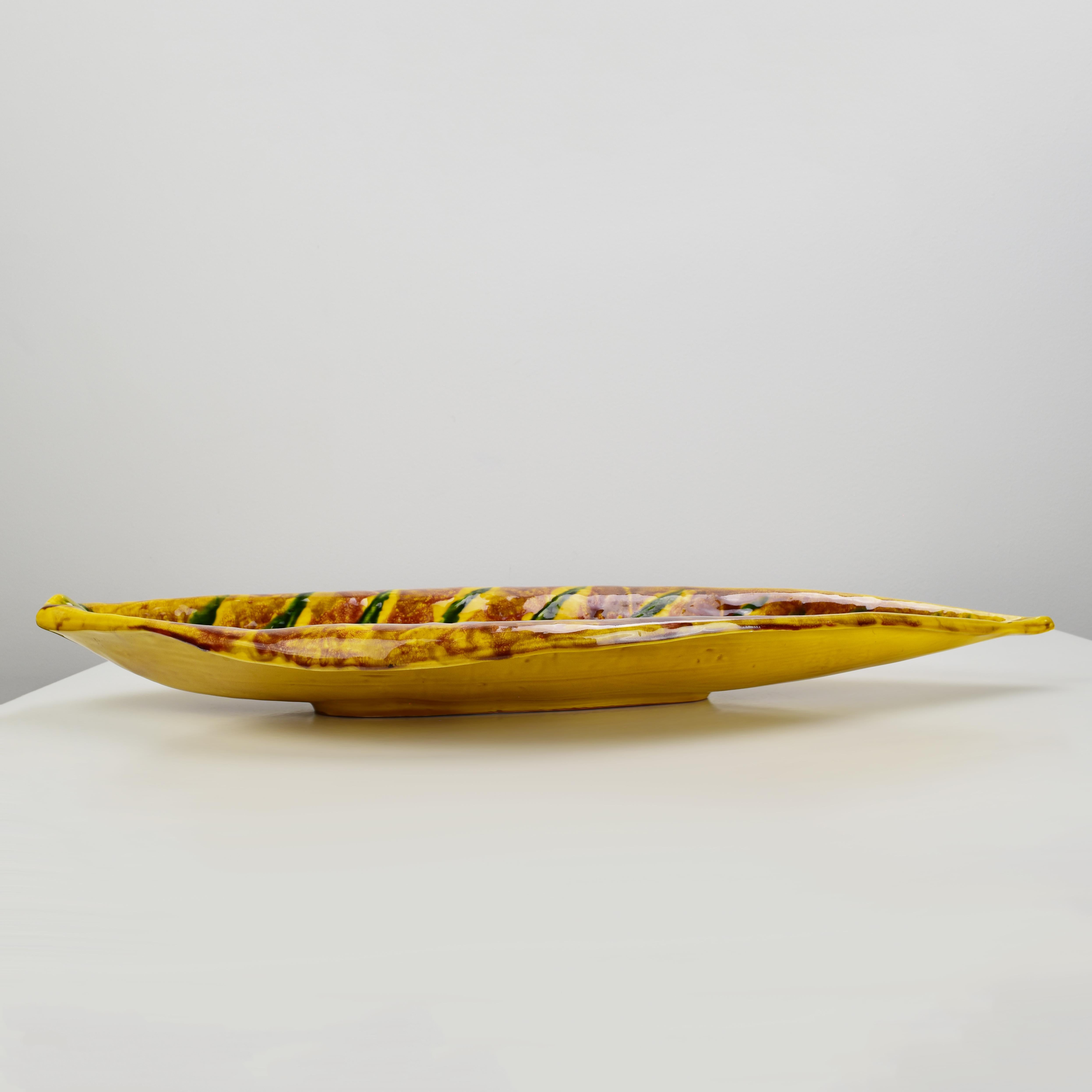 Mid-20th Century Large French Vallauris Leaf Shaped Pottery Ceramic Bowl Centerpiece For Sale