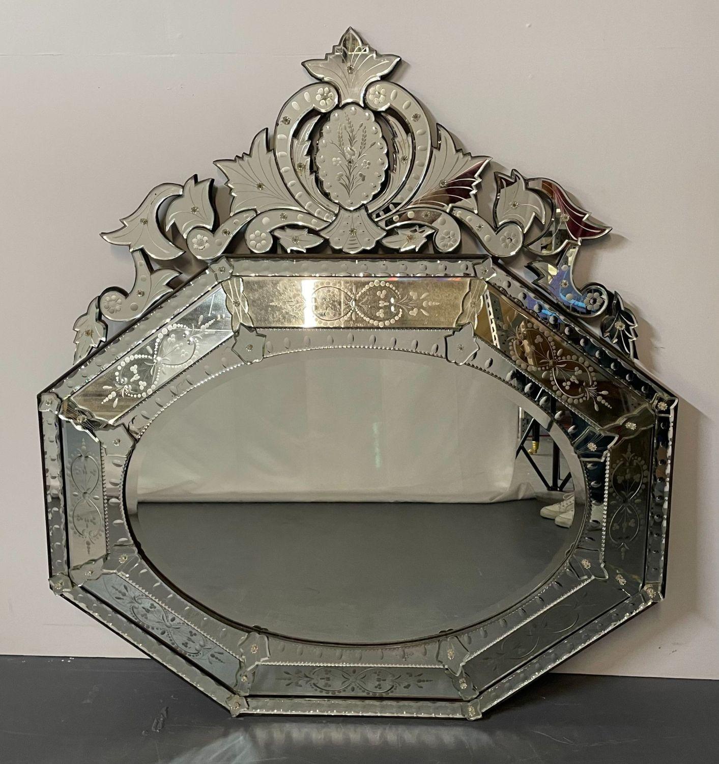 Large French Venetian Style Wall / Console Mirror, Floral Etched Glass, Beveled For Sale 6