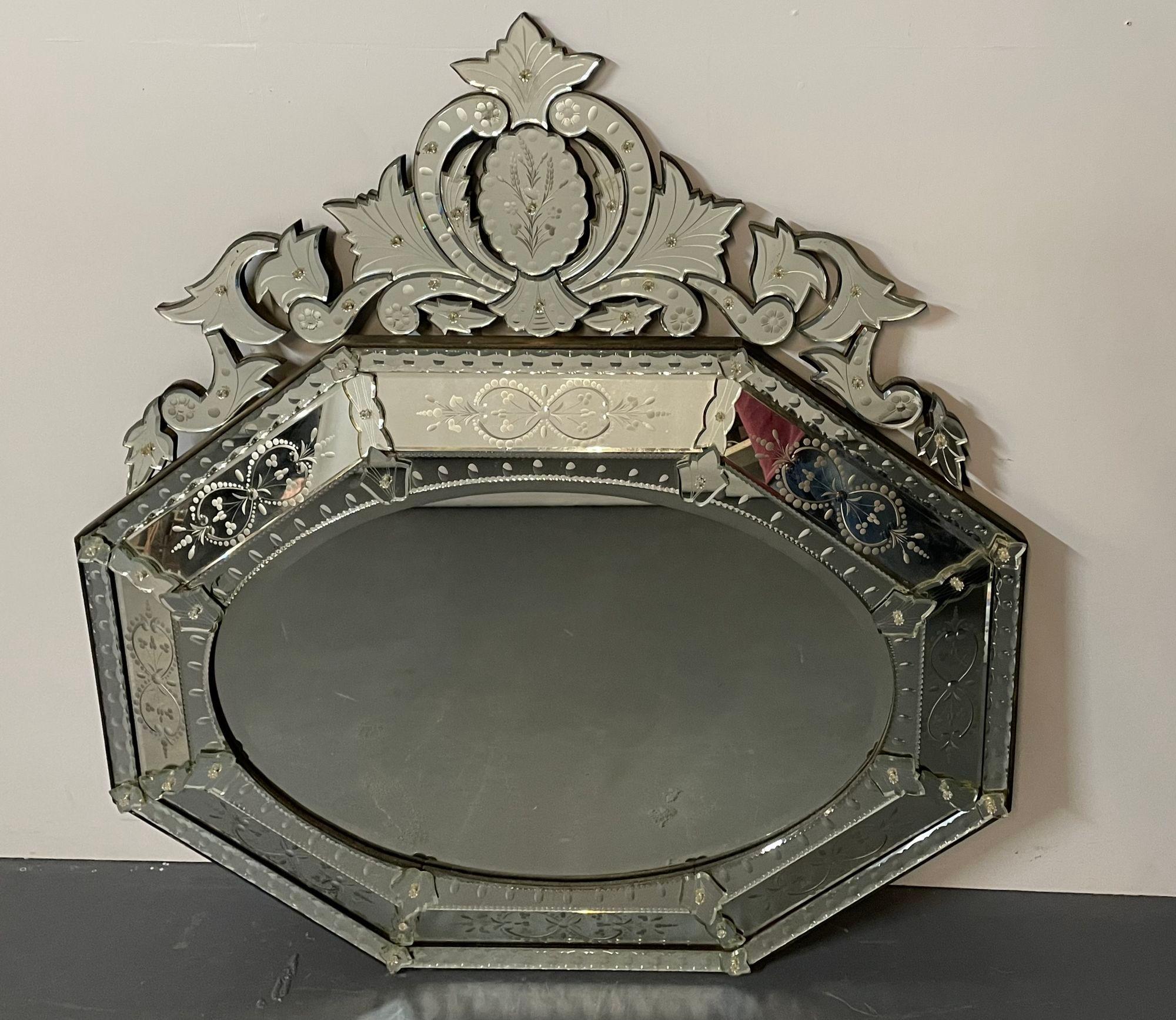 Large French Venetian style wall / console mirror, floral etched glass, beveled, Stamped MADE IN FRANCE on reverse. 

Venetian style beveled wall mirror with floral etched glass. This magnificent over the mantle, console, pier or wall mirror is