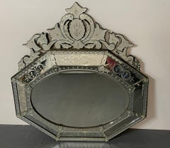 Large French Venetian Style Wall / Console Mirror, Floral Etched Glass, Beveled