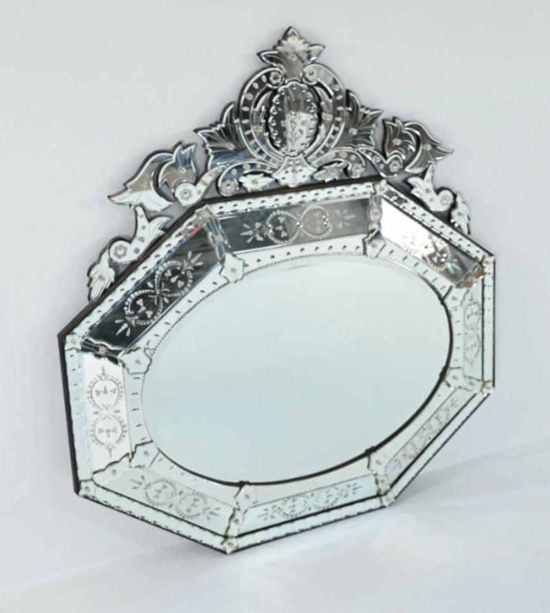 Large French Venetian Style Wall / Console Mirror, Floral Etched Glass, Beveled In Good Condition For Sale In Stamford, CT